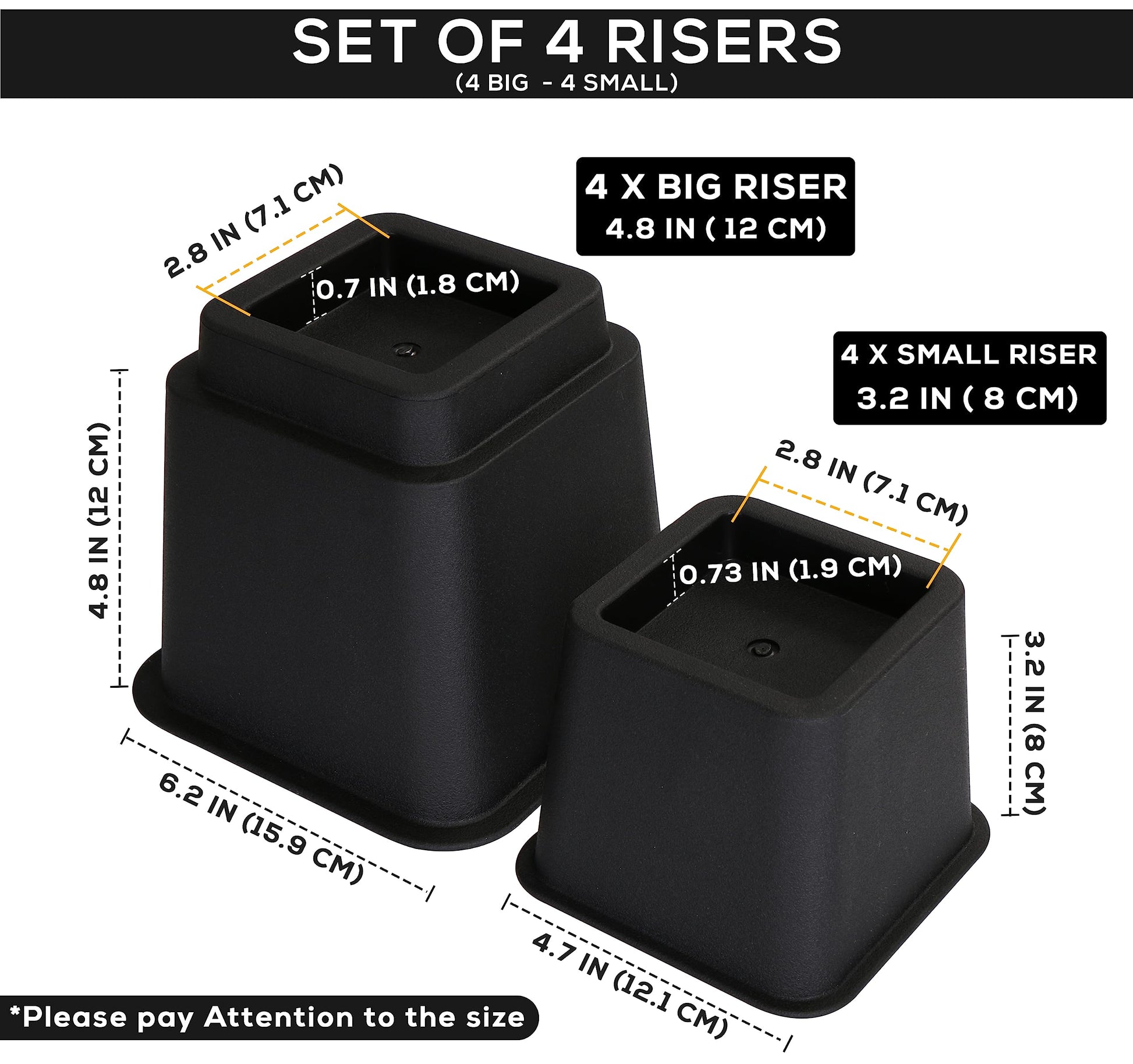 Utopia Bedding - Adjustable Bed Risers 3, 5, 8 Inch – Heavy Duty Furniture Riser Set of 4 for Beds, Couch & Desk – Under Bed Storage & Dorm Room Essential – Supports Up to 1,300 lbs – Black