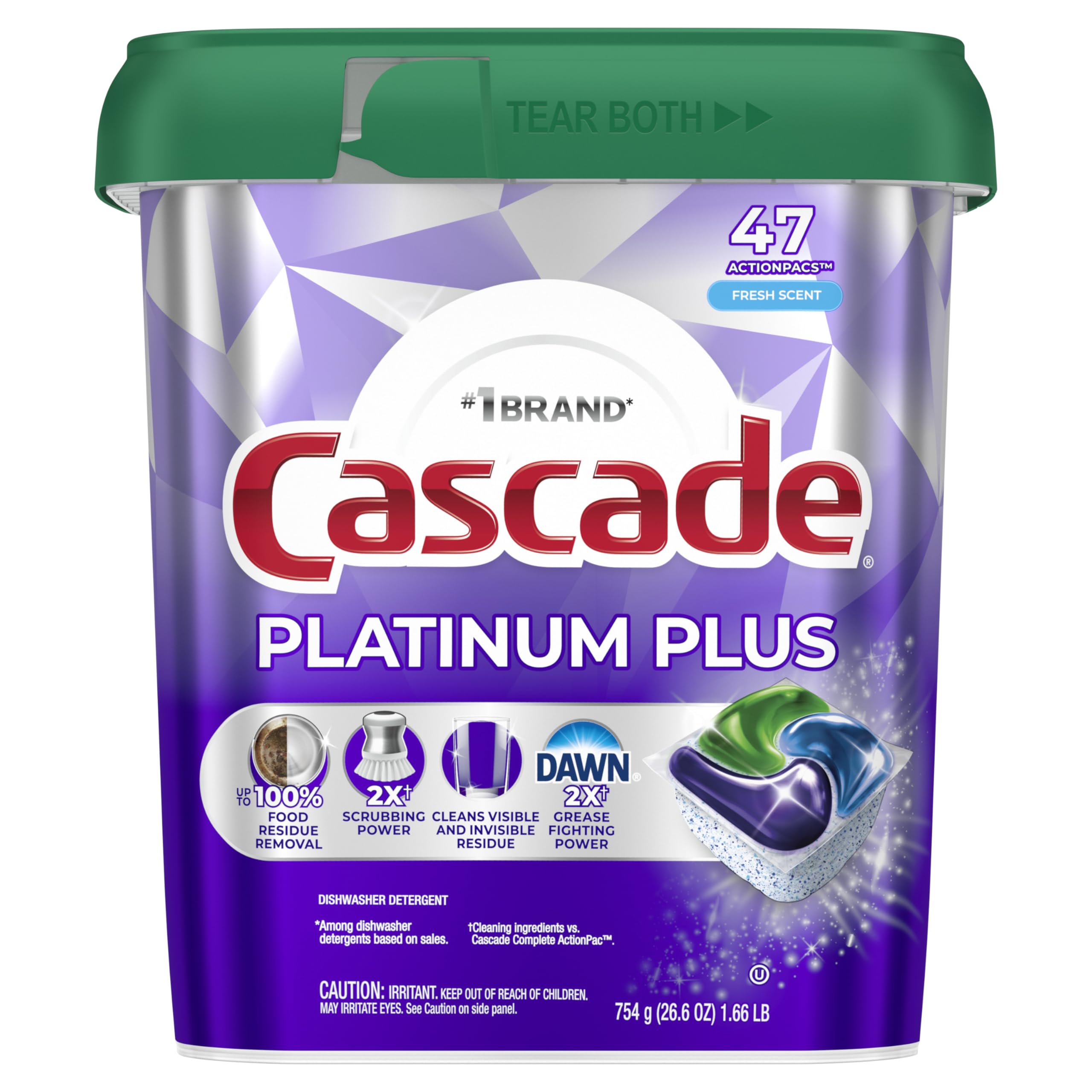 Cascade Platinum Plus Dishwasher Pods, Dishwasher Detergent, Dish Detergent Soap, Fresh, 47 Count
