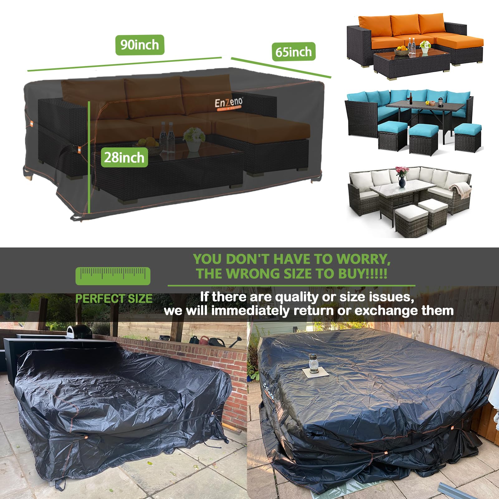 Enzeno Patio Furniture Set Cover, Outdoor Sectional Sofa Couch Set Covers Waterproof, Garden Dining Table Chair Set Cover Outside Rectangular Heavy Duty Weatherproof 90" L x 65" W x 28" H Black