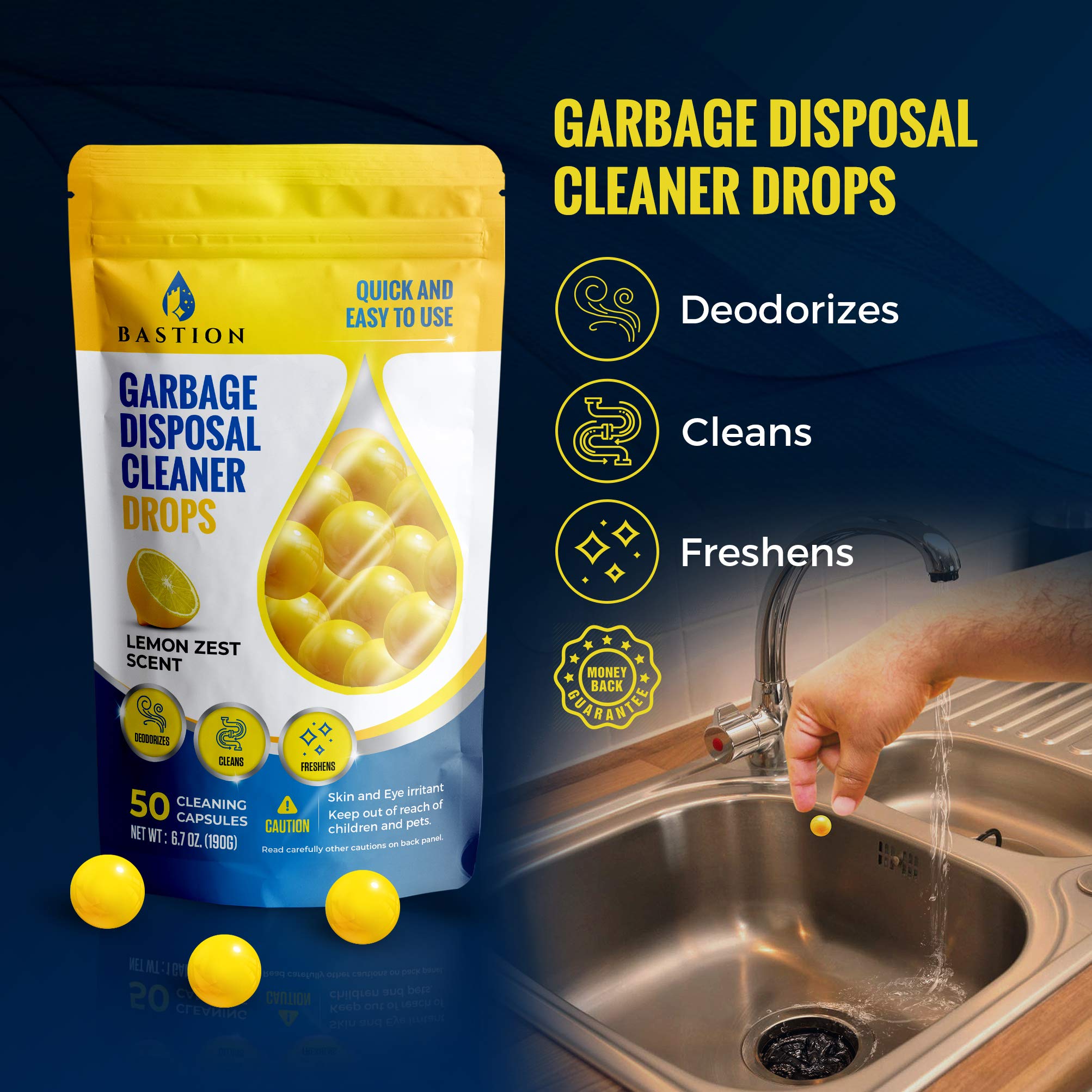Bastion Garbage Disposal Cleaner and Deodorizer Drops- [[50-Count]] Lemon Zest Scented Kitchen Sink Freshener Pods & Drain Odor Eliminator Disposer Care Balls