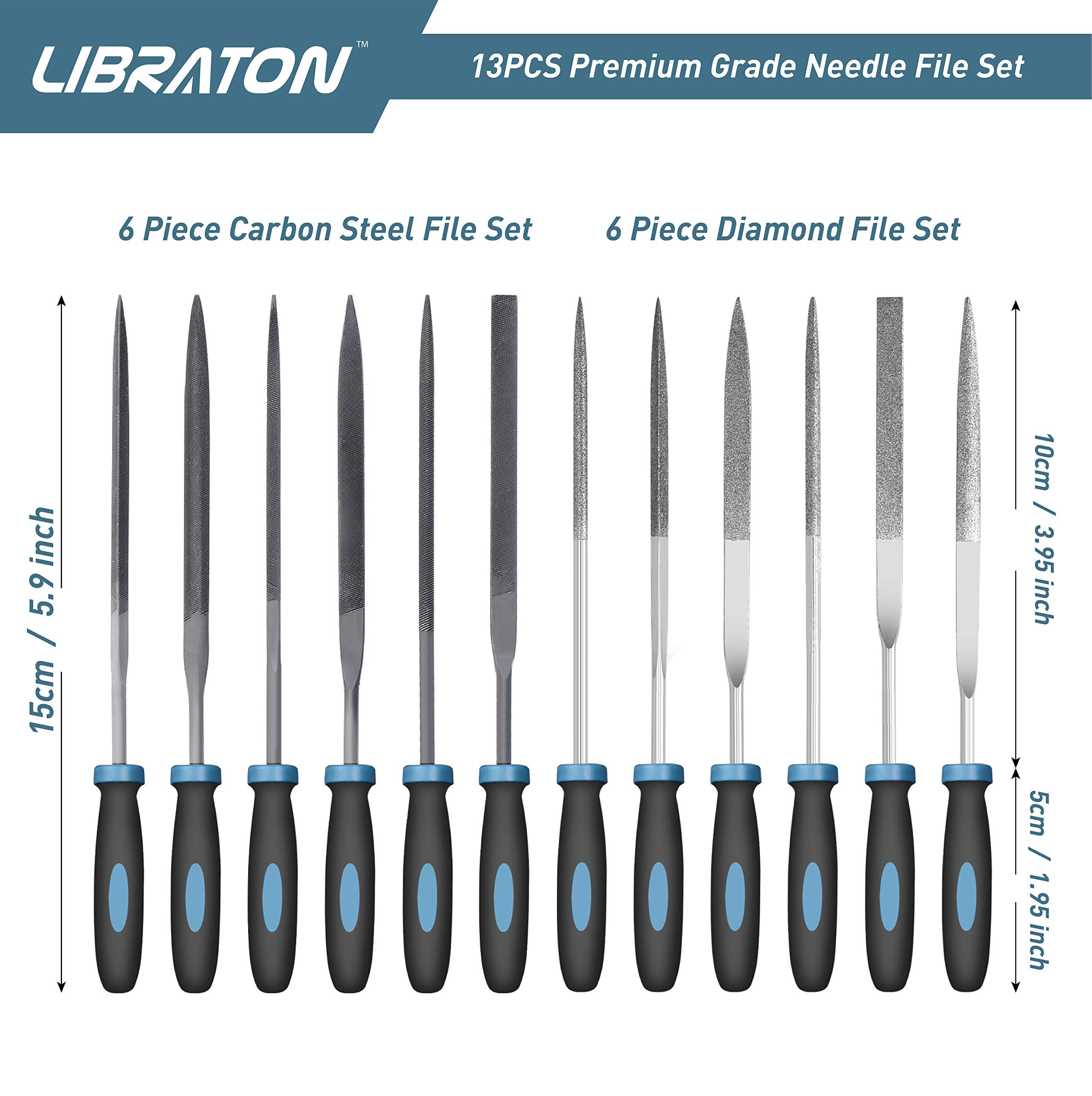LIBRATON Small File Set, Needle Diamond Files 13PCS, 6pcs Jewlers & 6 Steel for Precision Metal Work, Wood, Woodworking, Plastic Carving Tool with Brush and Carry Case