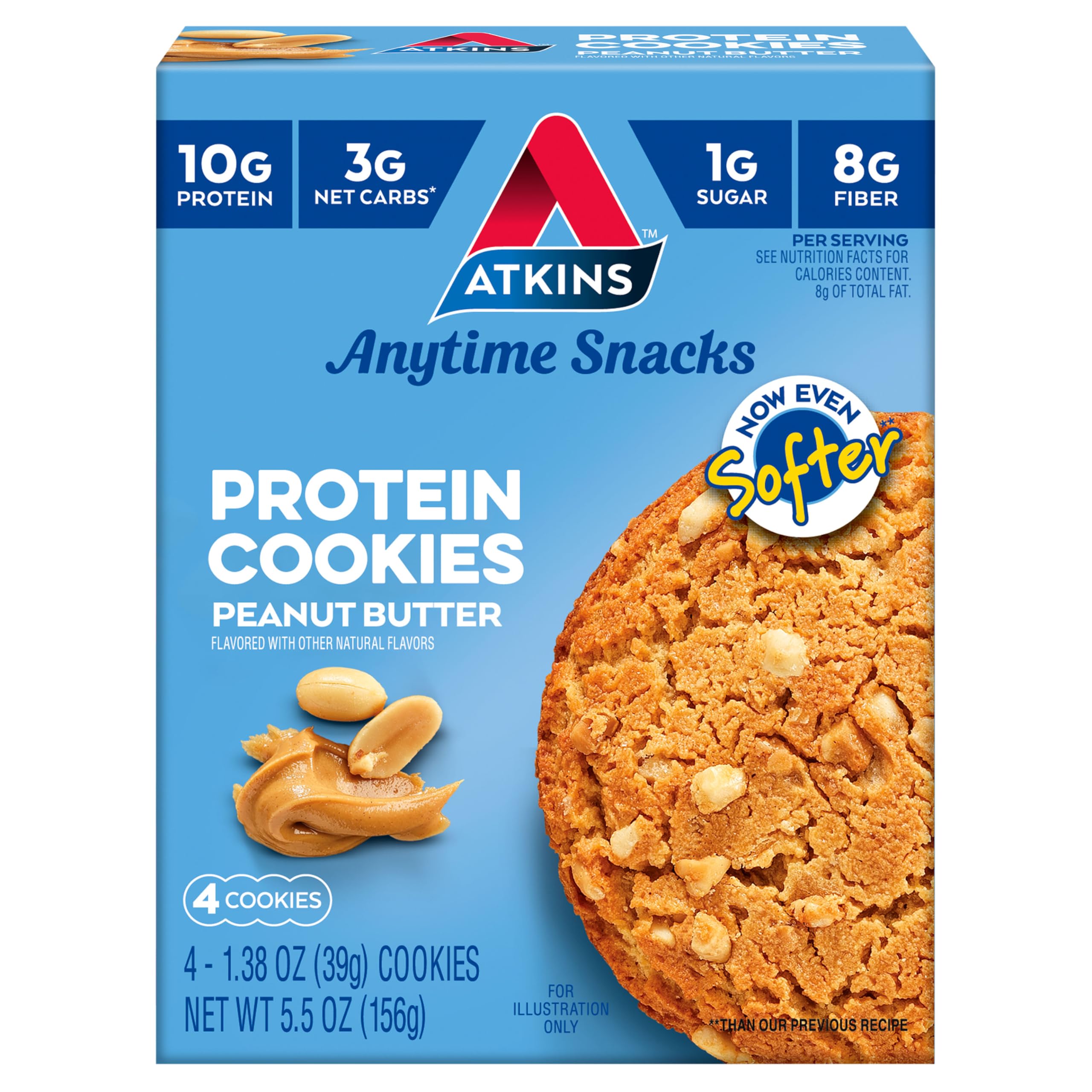 Atkins Peanut Butter Protein Cookie, Protein Dessert, Rich in Fiber, 3g Net Carb, 1g Sugar, Keto Friendly, 4 Count
