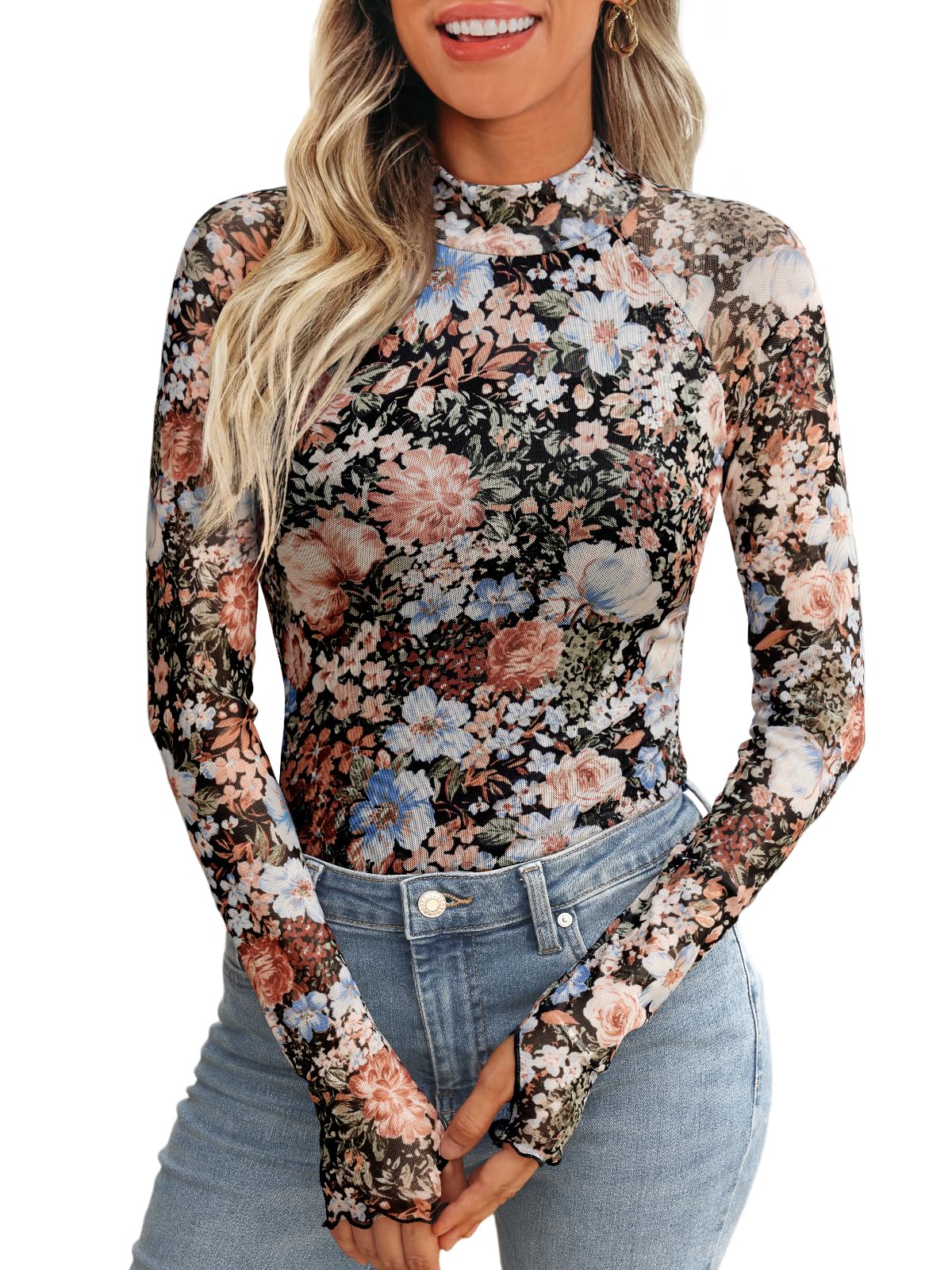 Dealmore Lace Long Sleeve Floral Mesh Mockneck Going Out Tops for Women Fashion Fall Outfits 2024 Floral Fierce M