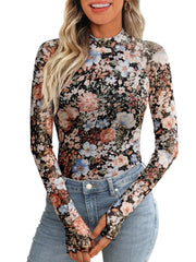 Dealmore Lace Long Sleeve Floral Mesh Mockneck Going Out Tops for Women Fashion Fall Outfits 2024 Floral Fierce M
