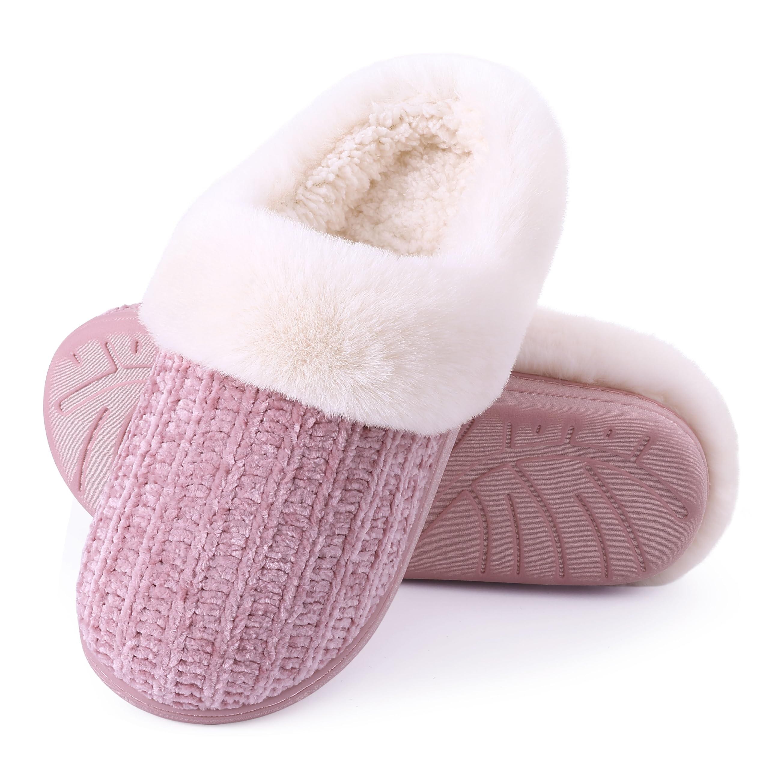 Evshine Women's Warm Chenille Knit House Slippers Comfy Memory Foam Winter Slippers with Faux Fur Collar and Indoor Outdoor Soles Pink, 38-39 (Size 7-7.5)