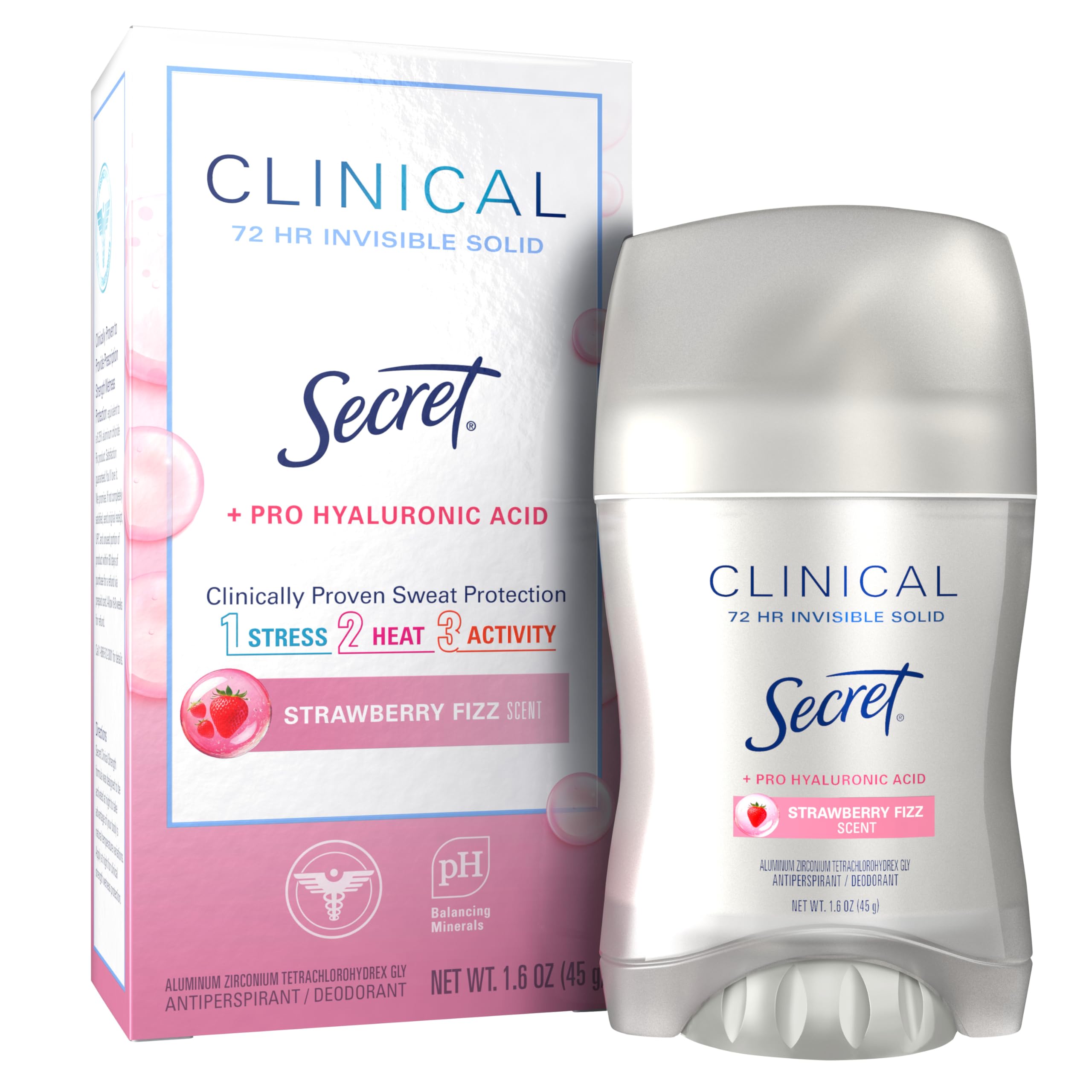 Secret Clinical Strength Antiperspirant Deodorant for Women, 3X Stress Protection, 72hr Sweat & Odor Protection, Pro-Hyaluronic Acid, Invisible Solid, Strawberry Summer Fizz Scent, 1.6 oz