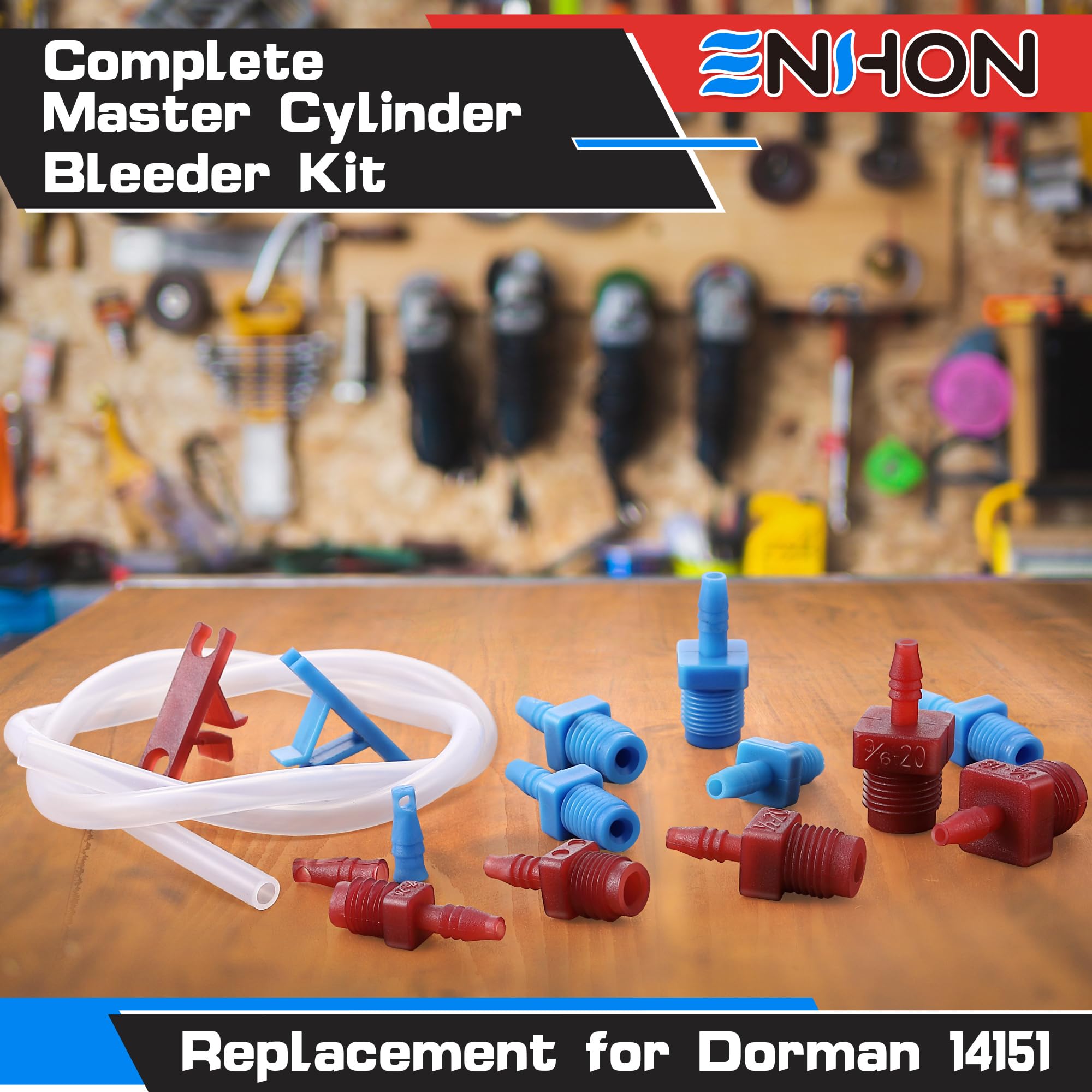 Enhon Master Cylinder Bleeder Kit Replacement for 14151, 22 inch Hose, Clip, SAE and Metric Fittings Universal Fit, Complete Brake Bleeder Kit with PTFE Tape