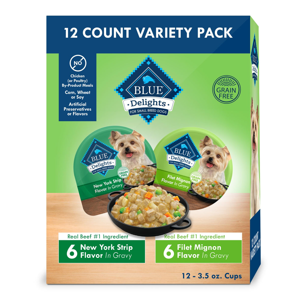 Blue Buffalo Delights natürliches Nassfutter für ausgewachsene Hunde kleiner Rassen, Multipack, aus natürlichen Zutaten, Filet Mignon & New York Strip Rezept in herzhafter Soße, 99-g-Becher (12 Stück, je 6)