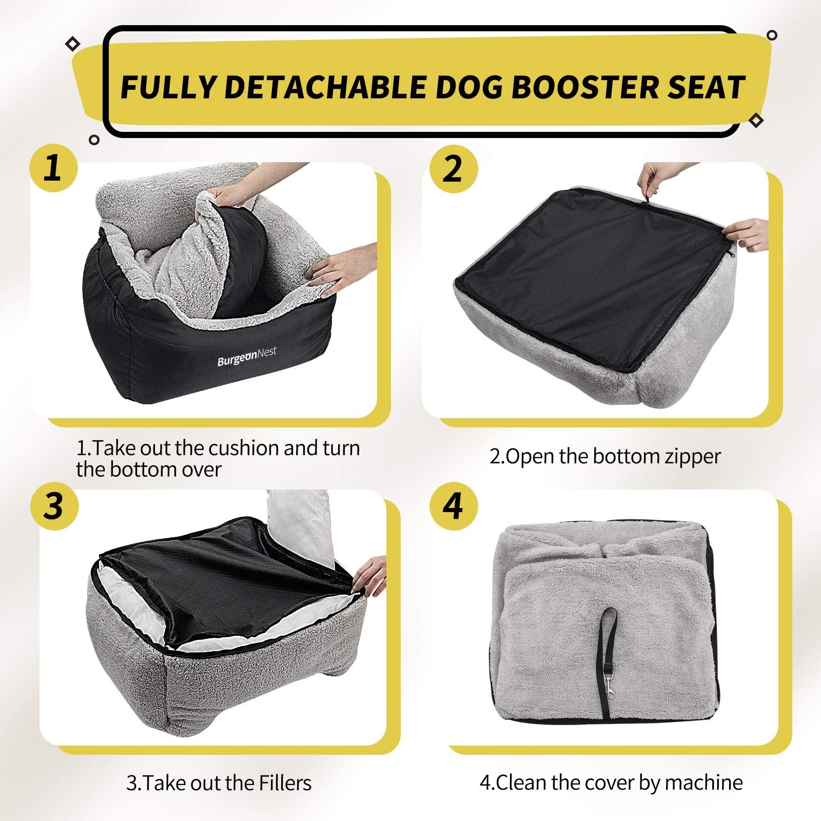 BurgeonNest Dog Car Seat for Small Dogs, Soft Pet Car Travel Home Bed Under 25 lbs, Fully Detachable and Washable Cat Booster Carseats with Storage Pockets and Clip-On Leash Portable Carrier,Black