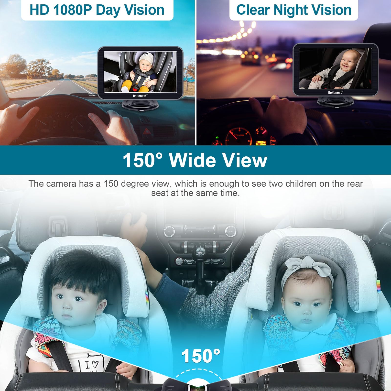 DoHonest Baby Car Camera 7-Inch: USB Plug and Play Easy Setup 360 Degree Rotating Backseat Camera Two Kids HD 1080P Rear Facing Car Seat Cameras Clear Night Vision -V9