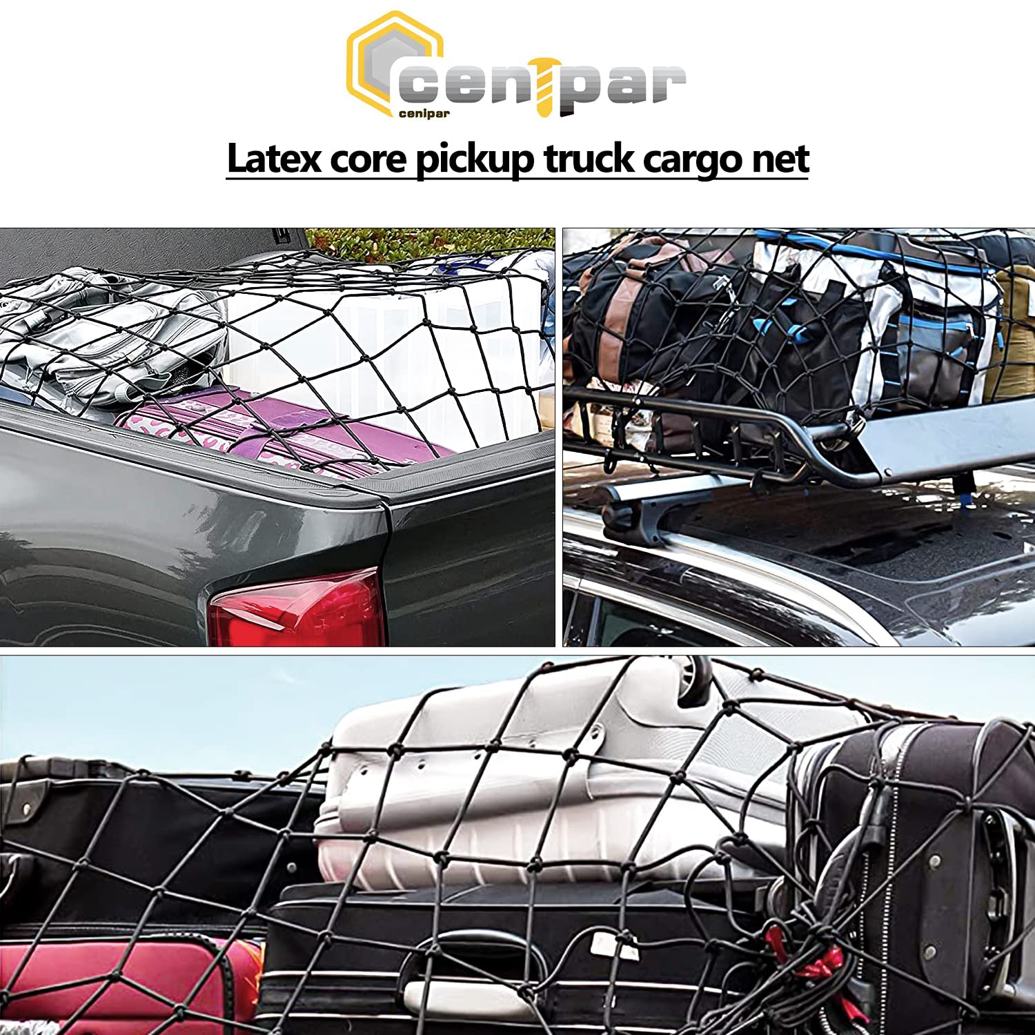 4’x6’ Truck Cargo Net Expands to 8' x 12' with 4"x4" Mesh Grid Super Duty Bungee Heavy Duty Bed Netting for Truck Bed Stretches with 12 Adjustable Metal Carabiners by Cenipar