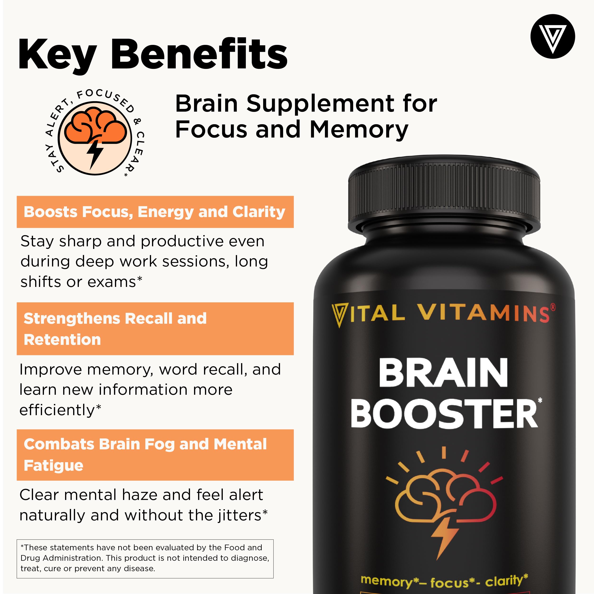 Vital Vitamins Brain Supplements with Bacopa Monnieri - for Memory and Focus – Nootropic Brain Booster - Caffeine-Free Support for Adults & Seniors – Non-GMO, 30-Day Supply, 30 Capsules