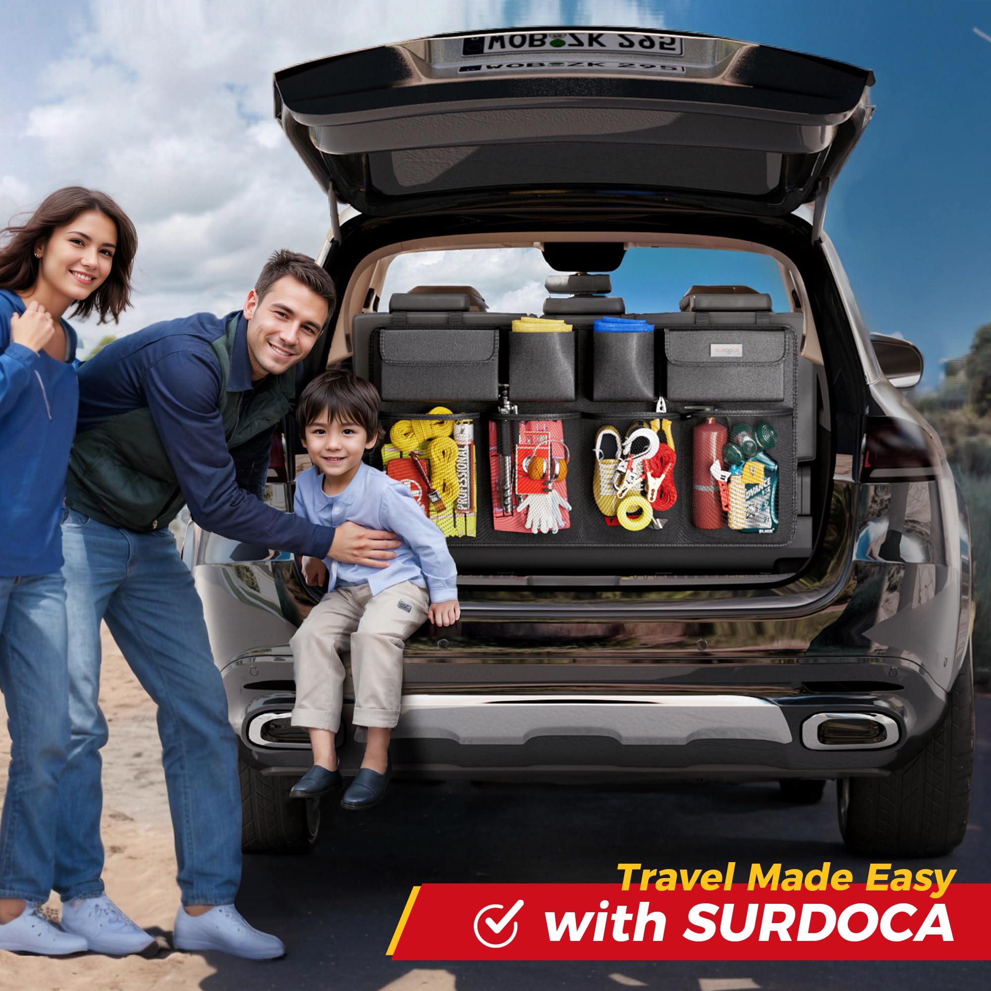 SURDOCA Car Trunk Organizer, 3rd Gen [7 Times Upgrade] Super Capacity Car Organizer SUV, Equipped with Robust Elastic Net, Hanging Car Storage Organizer with Lids, Space Saving Expert