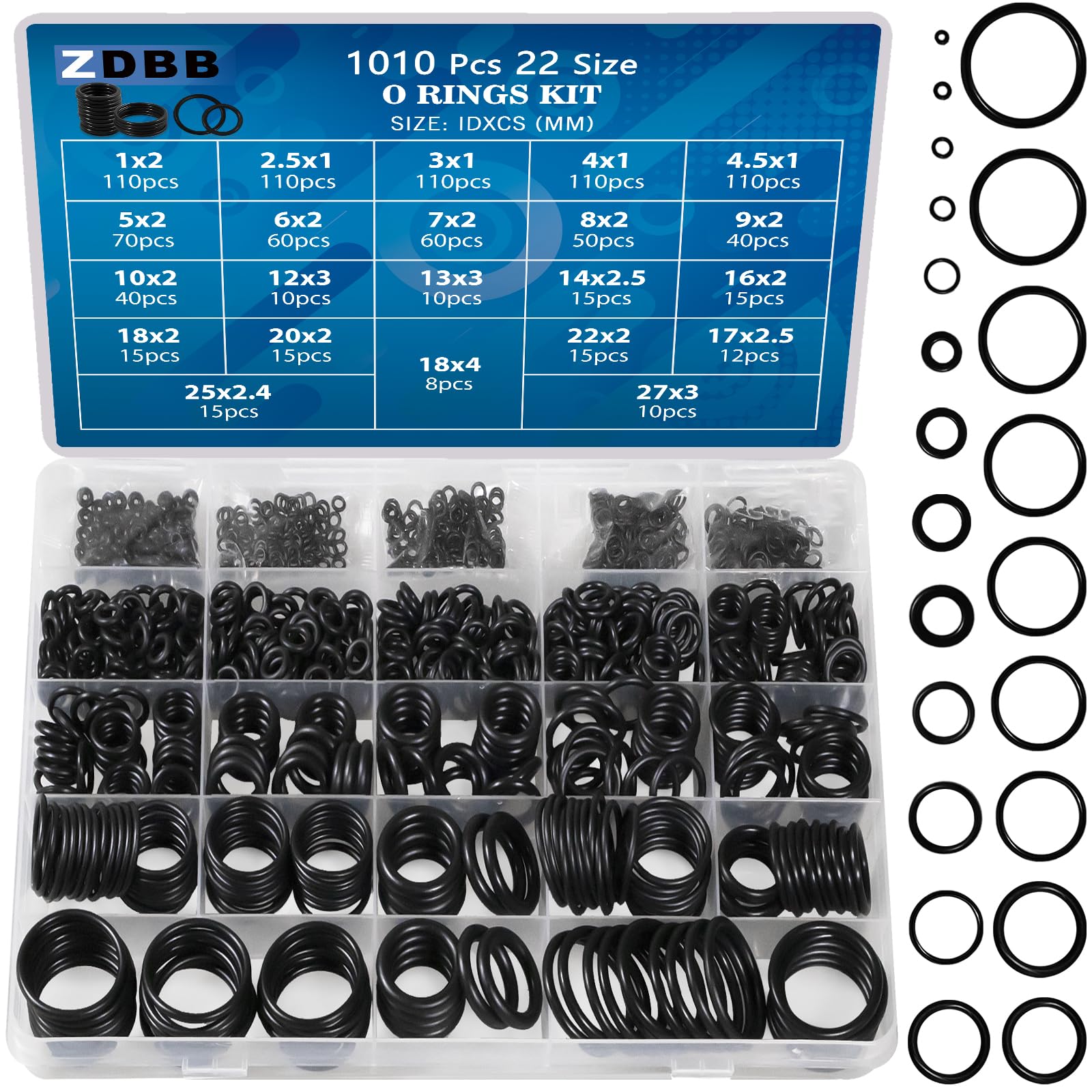 ZDBB 1010 Pcs Rubber O Rings Kit 22 Size Universal O-Ring Assortment Set for Automotive Faucet Pressure Washers Plumbing Sealing Repair,Air or Gas Connections,Resist Oil and Heat
