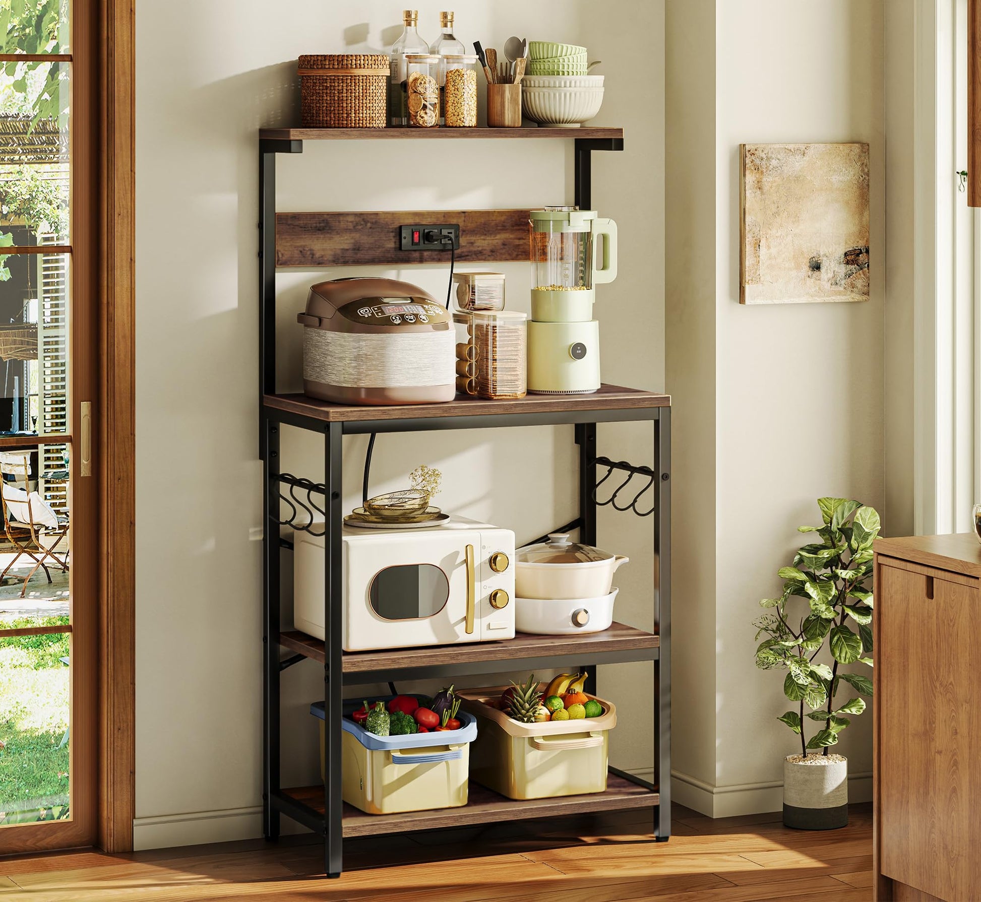 SUPERJARE Kitchen Bakers Rack with Power Outlet, Coffee Bar Table 4 Tiers, Kitchen Microwave Stand with 6 S-shaped Hooks, Storage Shelf Rack for Spices, Pots and Pans - Rustic Brown