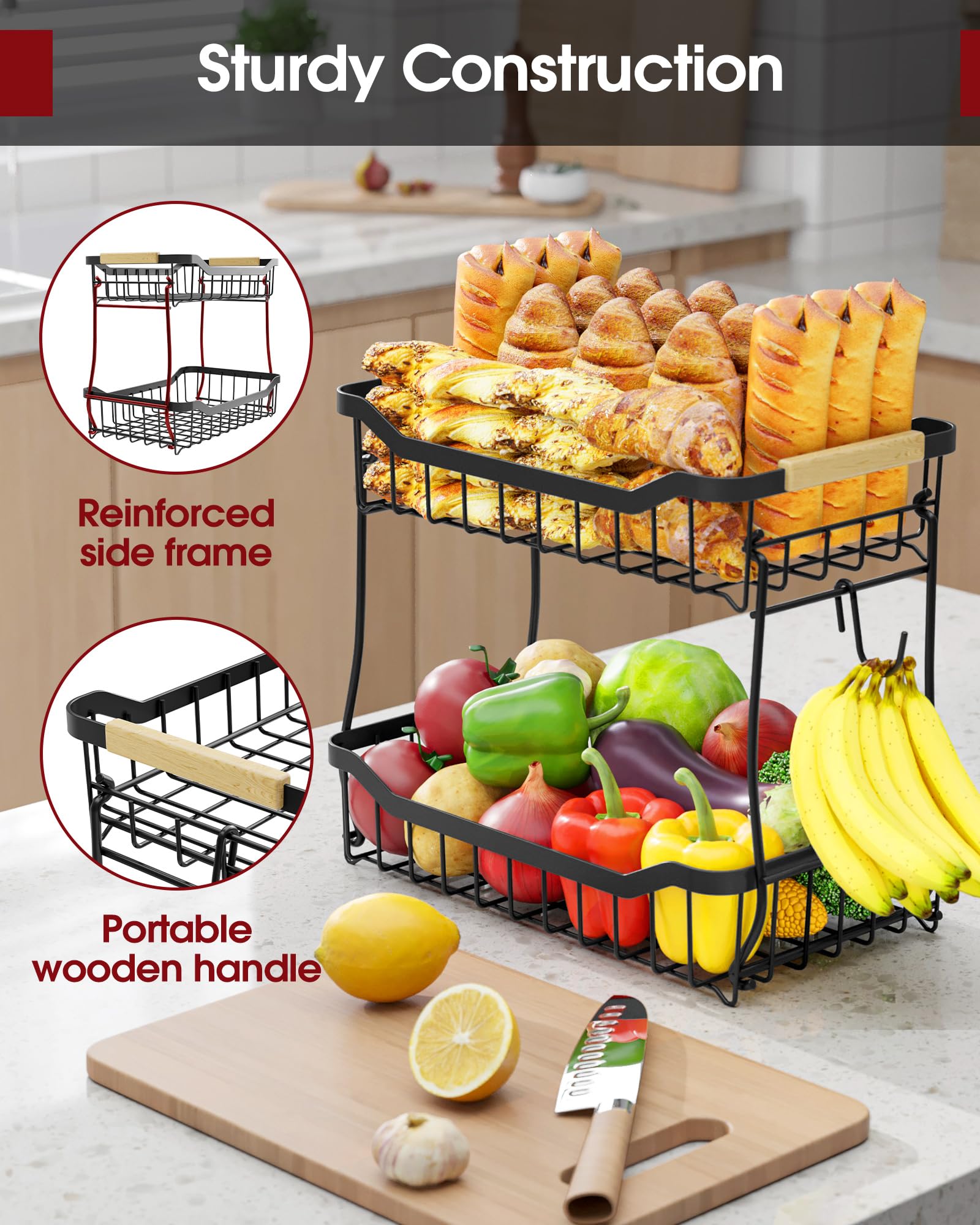 Sakugi Fruit Basket for Kitchen Counter - 2 Tier Detachable Fruit Vegetable Basket with Banana Hanger, Metal Countertop Fruit Stand with Wooden Handle, Black,7.3" D x 11.2" W x 10.3" H