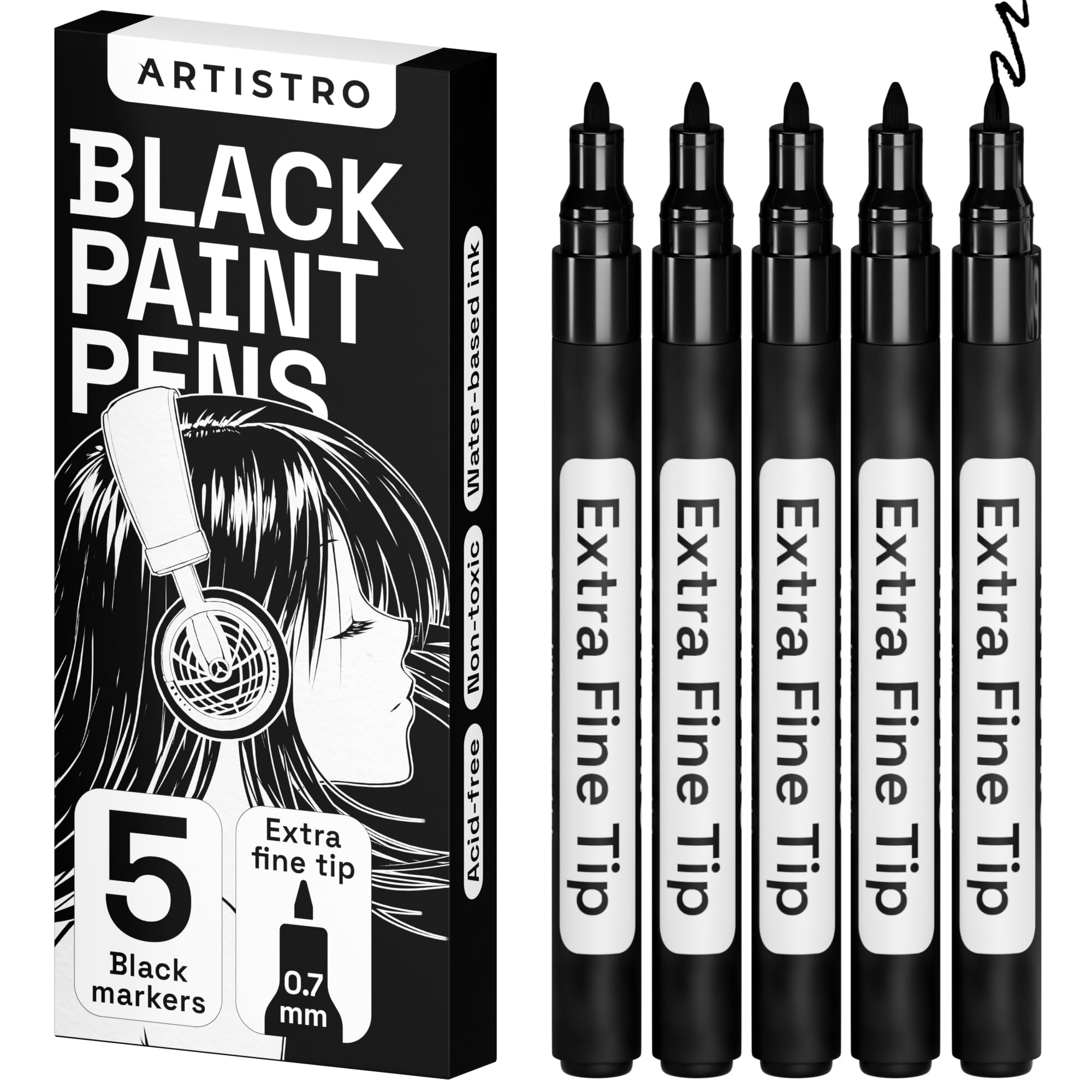 ARTISTRO 5 White Paint Pen for Rock Painting, Stone, Ceramic, Glass, Wood, Tire, Fabric, Metal, Canvas. Set of 5 Acrylic Paint White Marker Water-based Extra-fine Tip