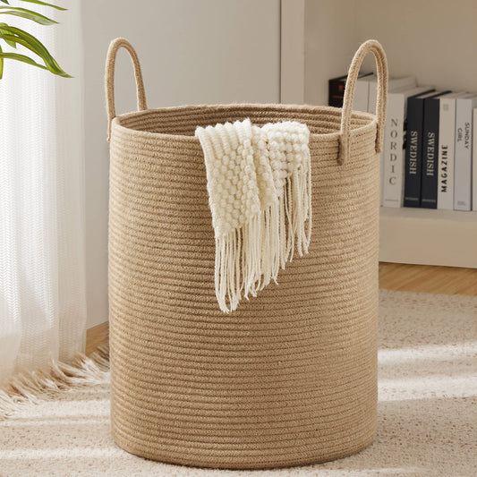 Jute Rope Laundry Hamper Basket by YOUDENOVA, 58L Tall Laundry Basket, Baby Nursery Hamper for Blanket Storage, Clothes Hamper for Laundry in Bedroom-Large-Jute