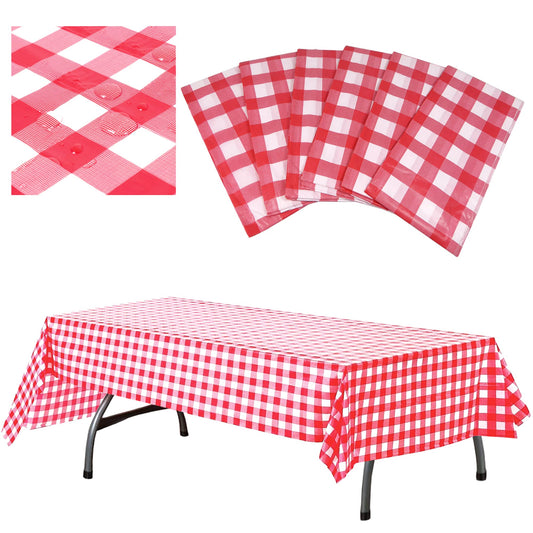 AnapoliZ Plastic Checkered Tablecloth | 6 Pcs Pack - 54” Wide x 108” Long | Red and White Picnic Disposable Table Cover | Rectangular Gingham Tablecover for Birthdays, Carnivals, Parties