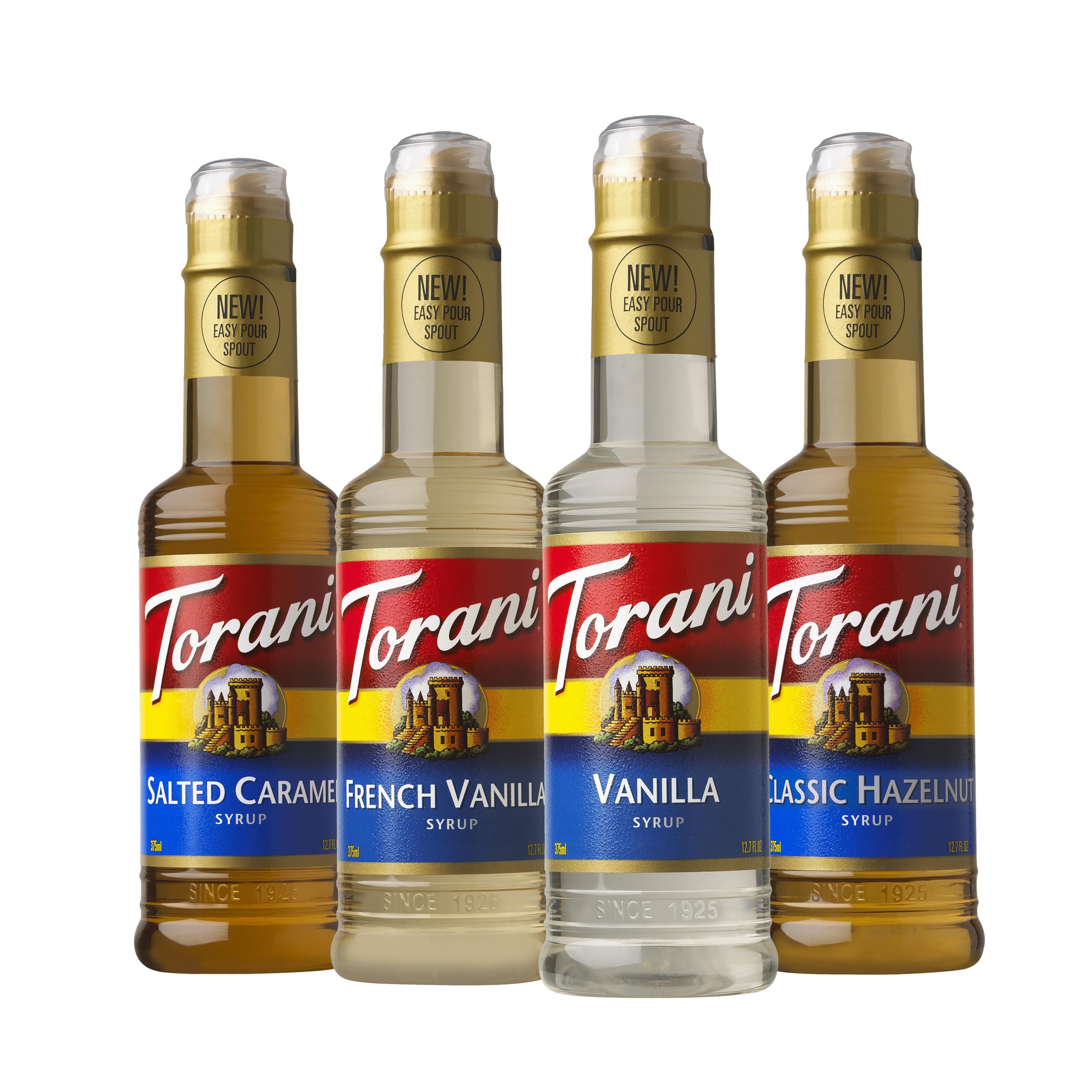 Torani Flavored Drink Syrup Cafe Variety Pack, Vanilla, Salted Caramel, Classic Hazelnut & French Vanilla, 12.7 fl oz (Set of 4)