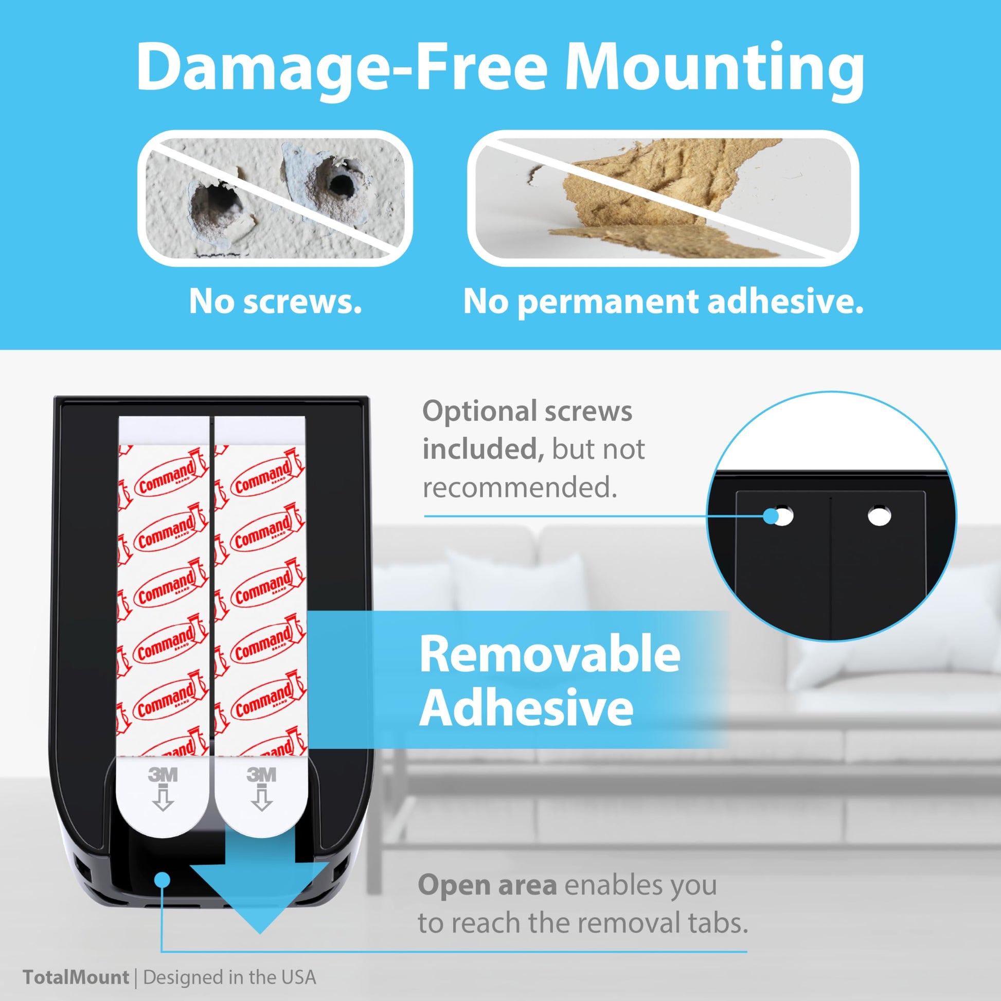 TotalMount Hole-Free Remote Control Holder – Eliminates Need to Drill Holes in Your Wall (Black, Quantity 1)