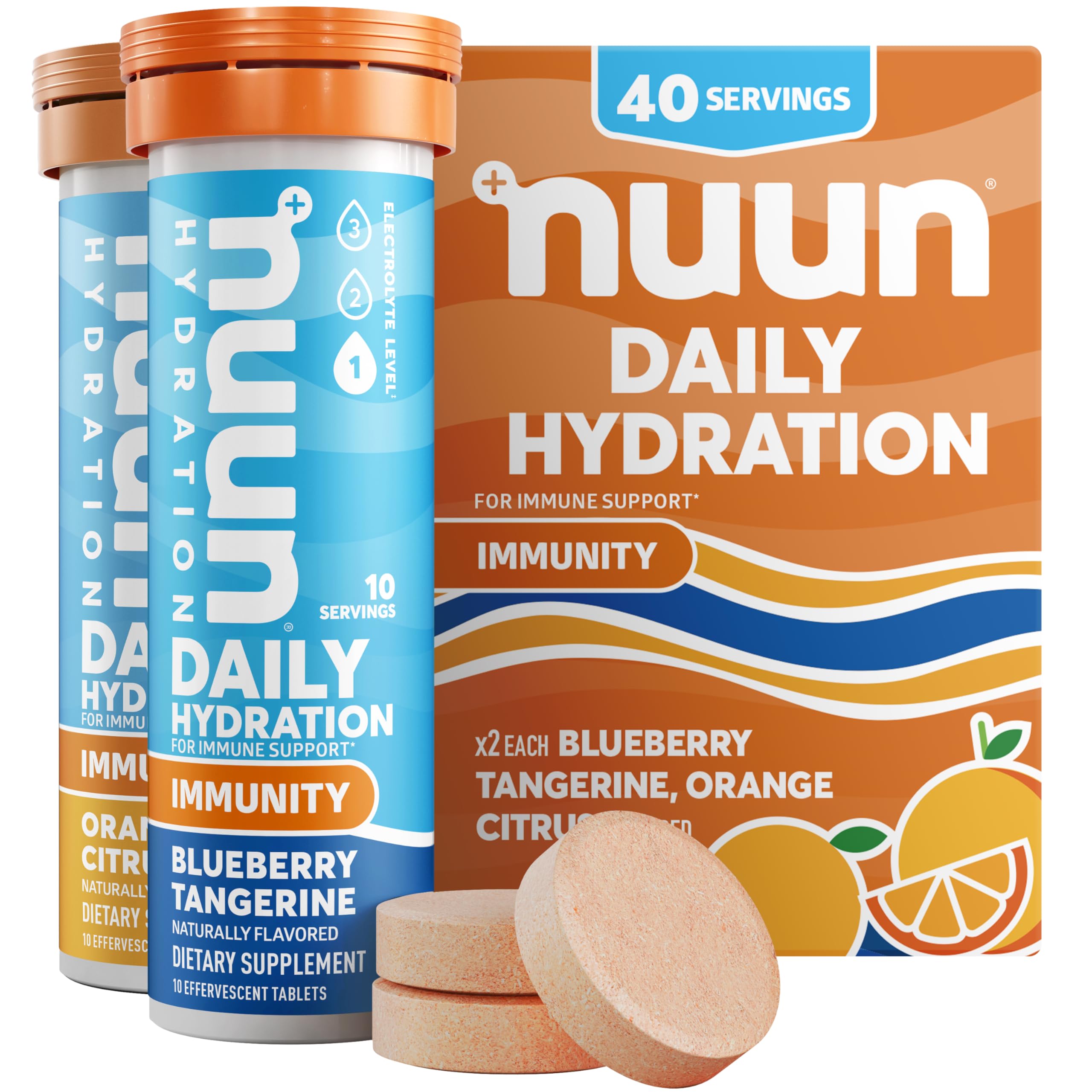 Nuun Hydration Immunity Electrolyte Tablets With 200mg Vitamin C, Blueberry Tangerine + Orange Citrus, 4 Pack (40 Servings)