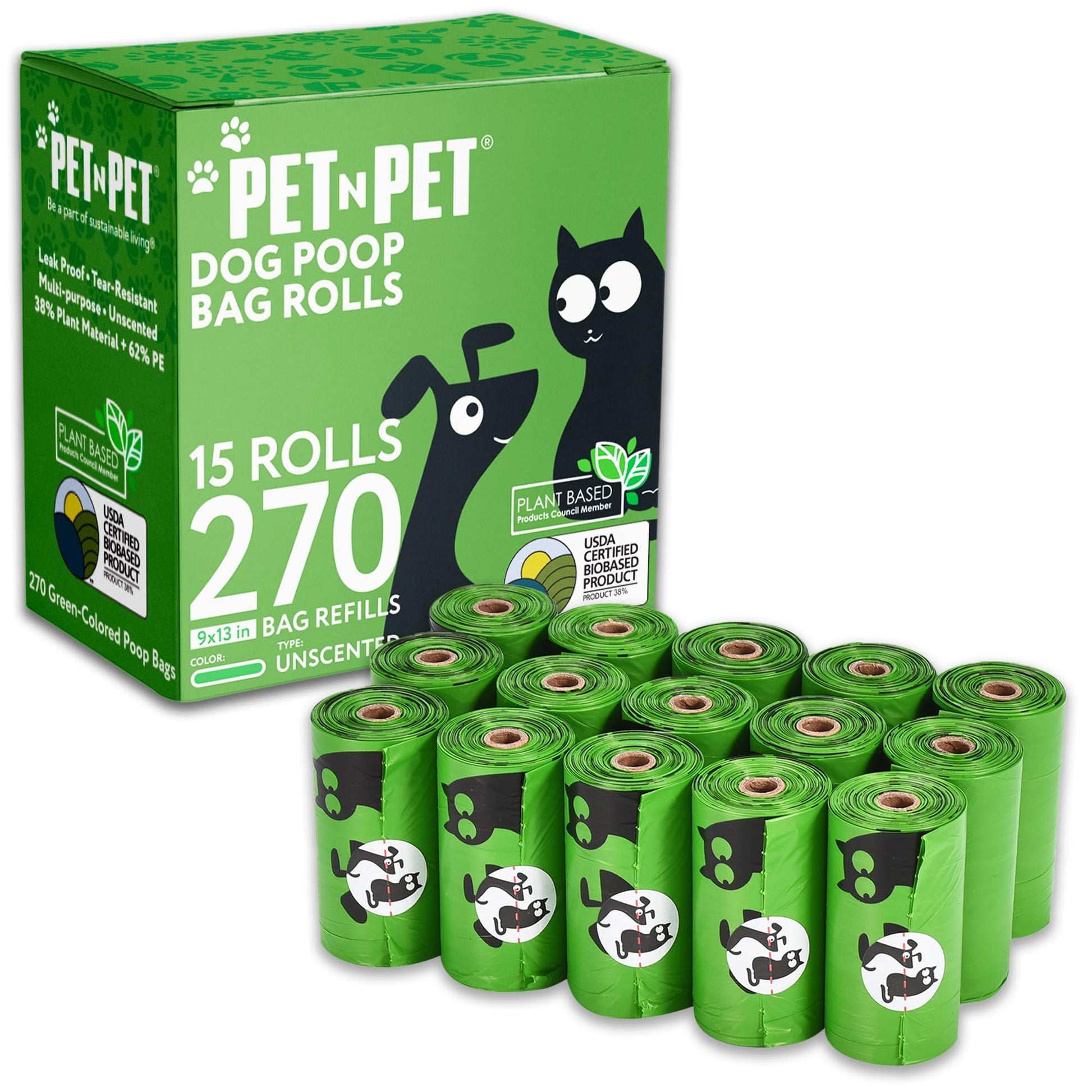 Pet N Pet Poop Bags For Dogs 540 Counts, 38% Plant Based & 62% PE Dog Poop Bags Rolls, Unscented Dog Bags, Green Doggie Poop Bags, Dog Waste Bags, Cat Litter Bags, Cat Poop Bags, Pet Supplies for Dogs