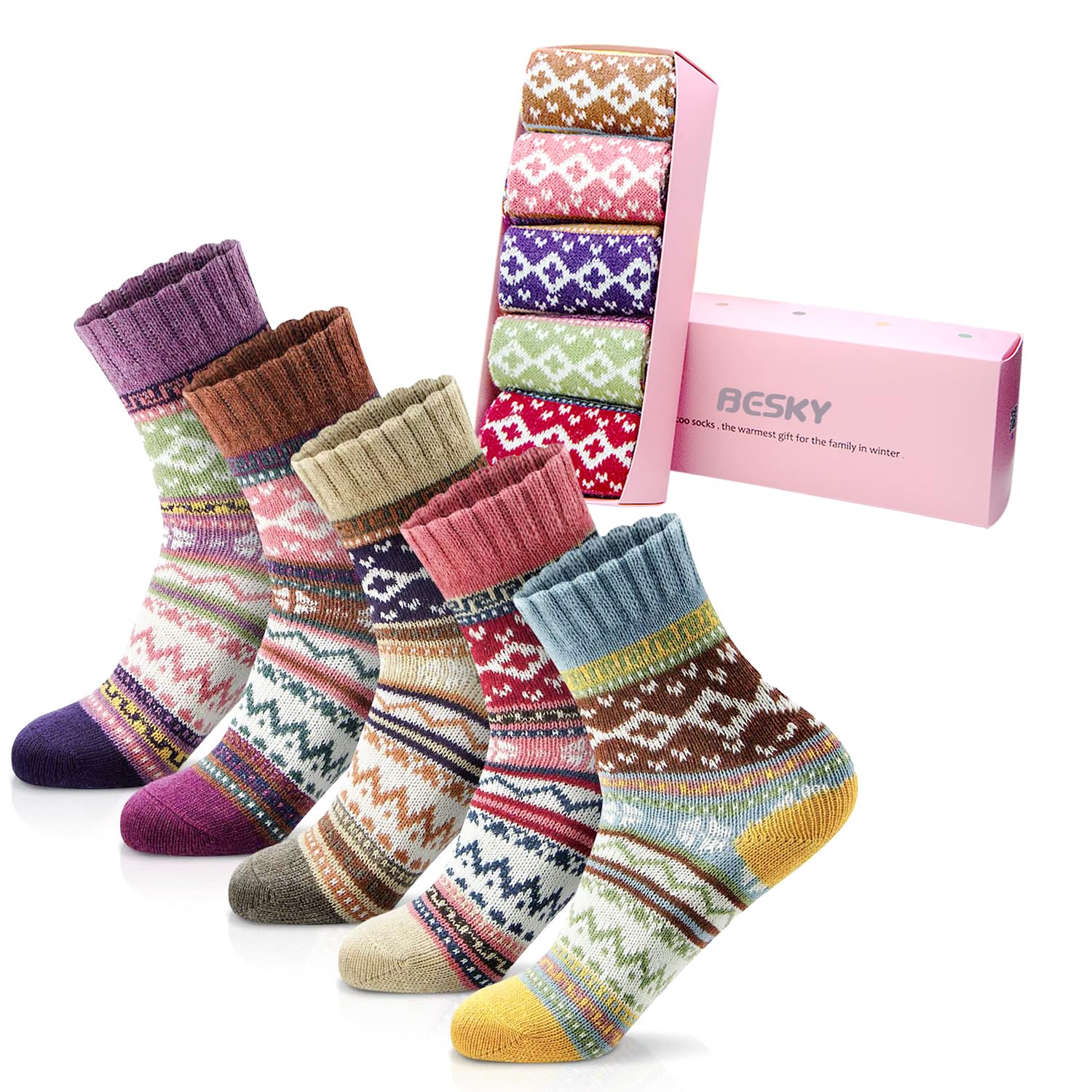 besky 5 Pairs Winter Wool Socks Women, Knit Thick Wool Soft Warm and Breathable Cozy Socks for Womens