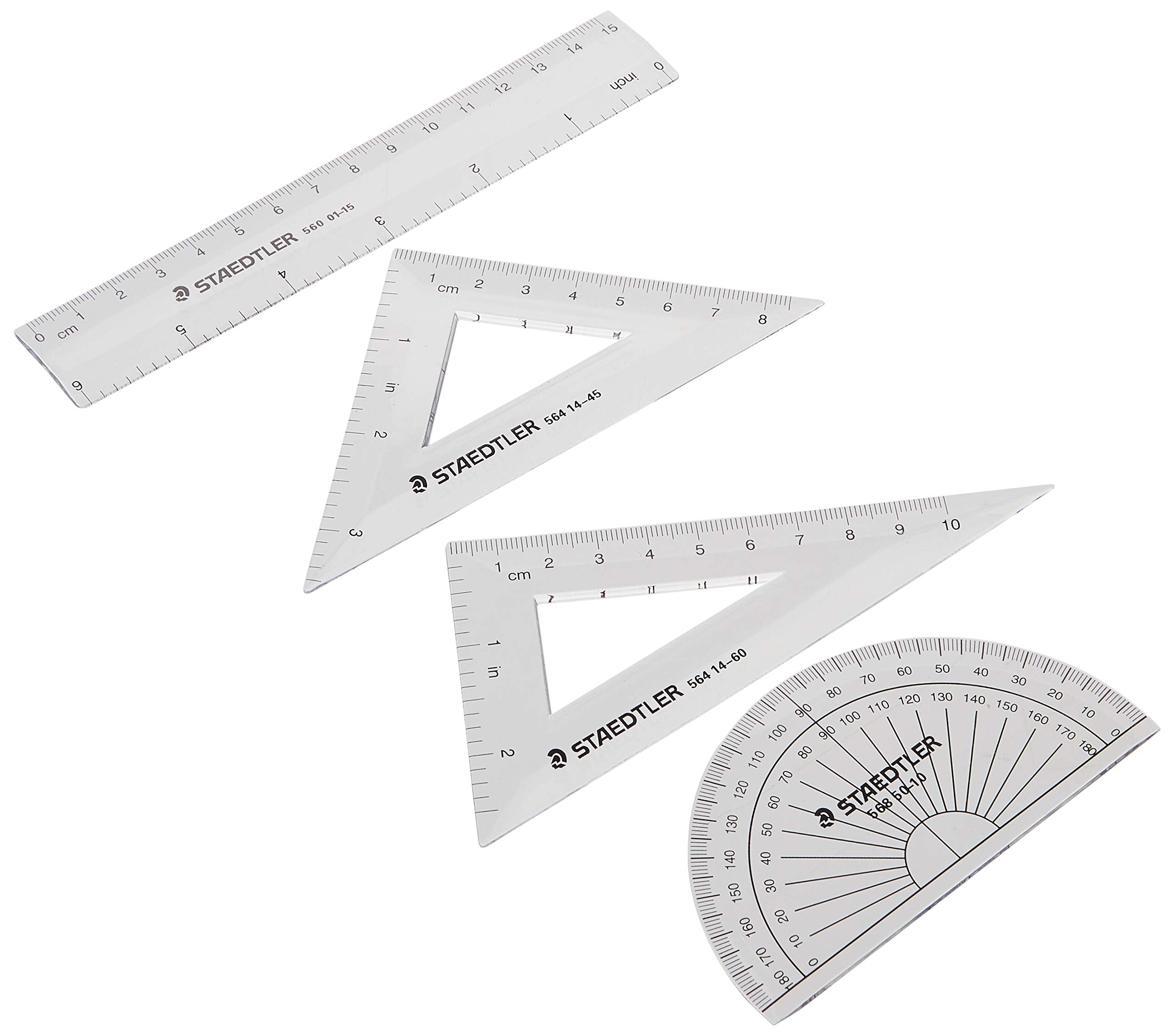 STAEDTLER Math Set - 4 pc Geometry Kit for Students - School Supplies with Clear Protractor, 6in Ruler & 2 Triangles – Metric & Imperial Scales