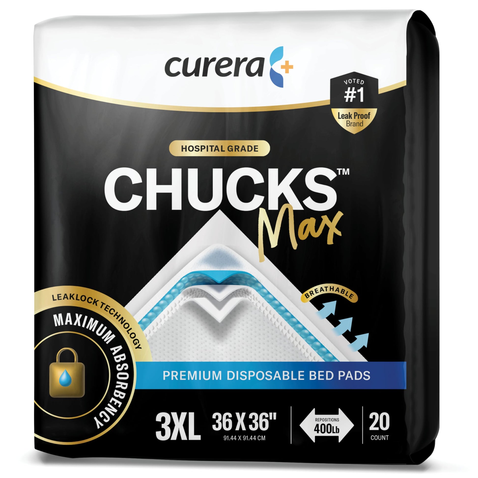 Curera Chucks MAX Hospital Bed Pads Disposable Adult 36 x 36 Breathable Incontinence Pads - XXX-Large Pee Pads for Adults - Heavy Duty Absorbency Underpads - 400 Lbs. Patient Repositioning [20 Count]
