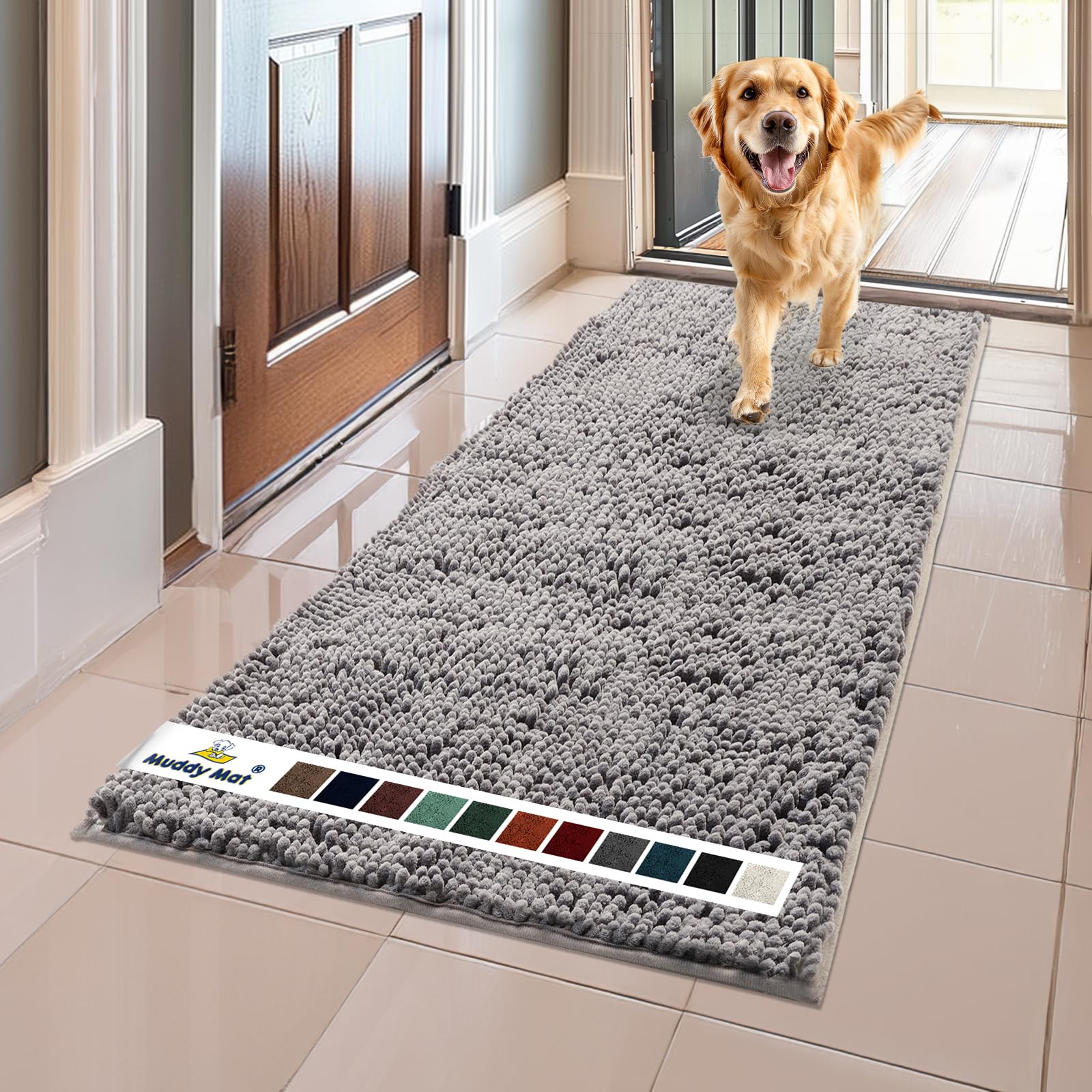Muddy Mat® Shown ON TV Highly Absorbent Microfiber Door Mat and Pet Rug Non Slip Thick Washable Area and Bath Mat Soft Chenille for Kitchen Bathroom Bedroom Indoor and Outdoor - Grey Medium 30"X19"