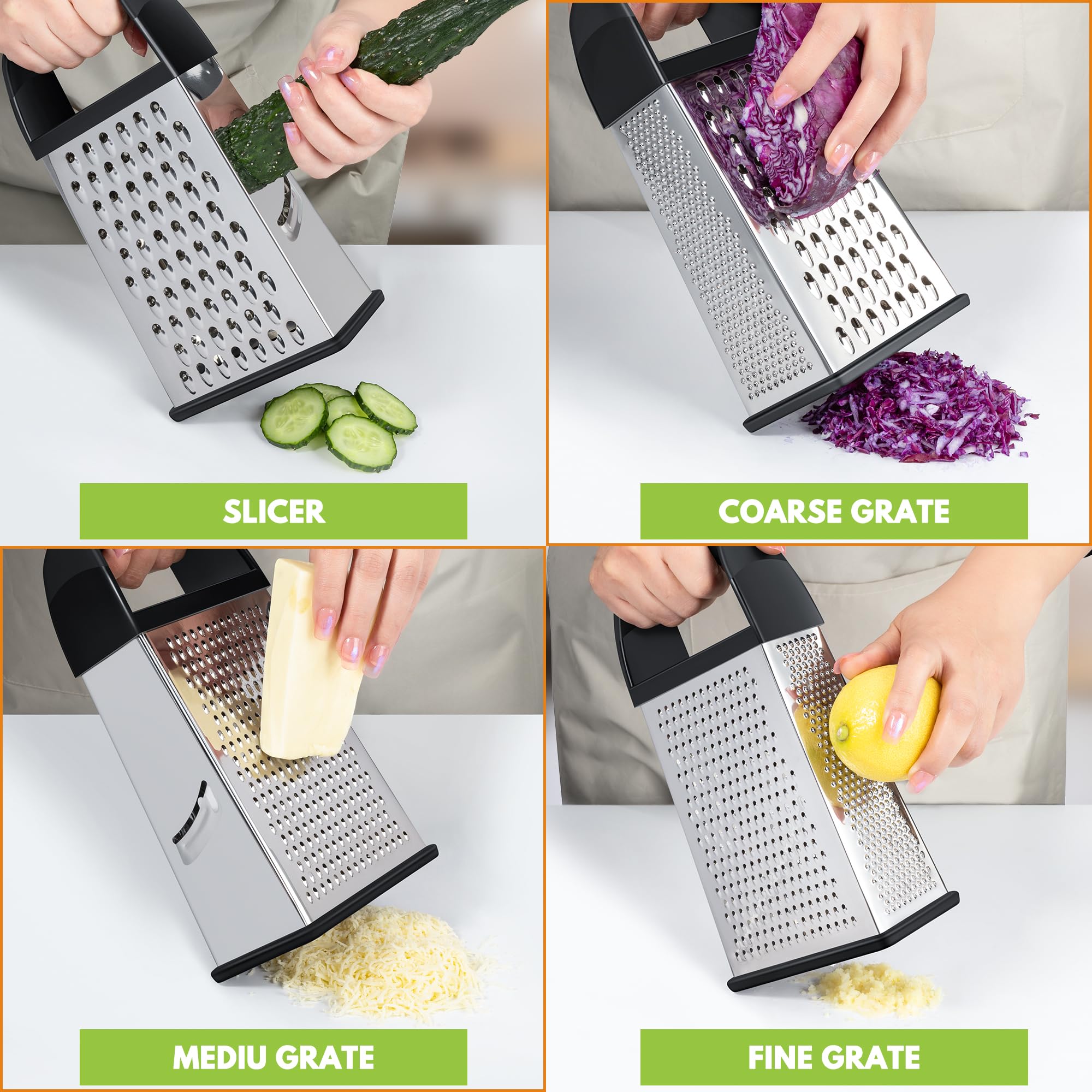 Urbanstrive Cheese Grater With Container Box Grater Stainless Steel Graters for Kitchen Cheese Shredder Parmesan Shredder Kitchen Gadgets Kitchen Tools Kitchen Gifts for Chef Dishwasher Safe Zester