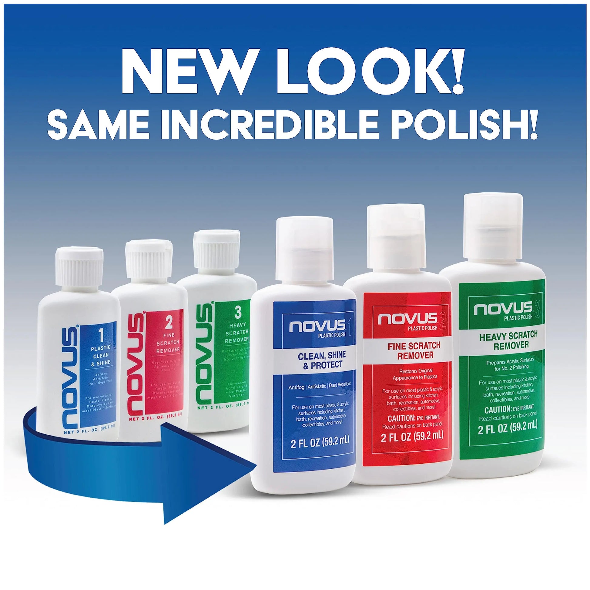NOVUS-PK1-8OZ-PM, Plastic Clean & Shine #1, Fine Scratch Remover #2, Heavy Scratch Remover #3, and Extra Polish Mates Pack, 8 Ounce Bottles