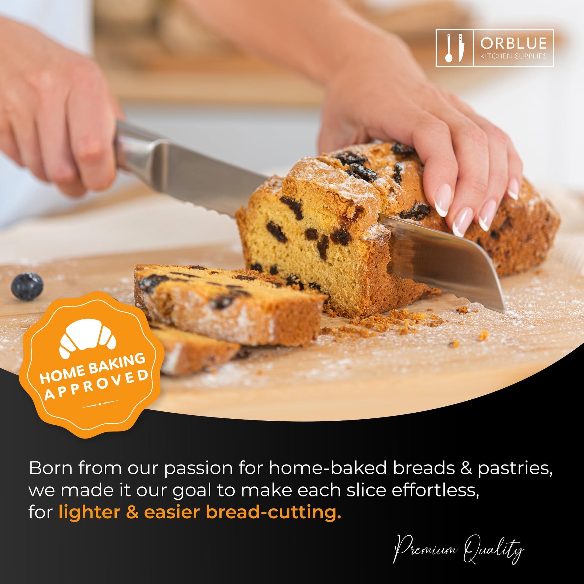 Orblue Serrated Bread Knife with Upgraded Stainless Steel Razor Sharp Wavy Edge Width - Bread Cutter Ideal for Slicing Homemade Bagels, Cake (8-Inch Blade with 5-Inch Handle)