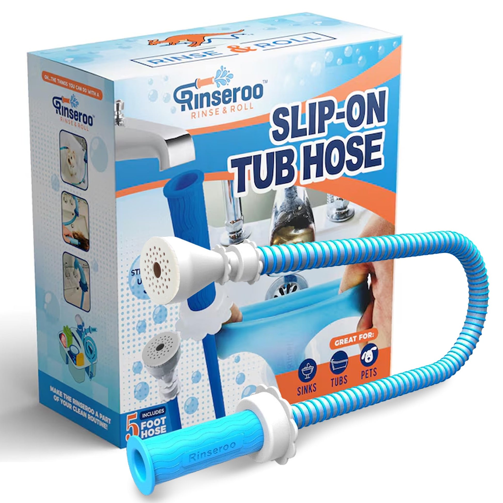 Rinseroo: Slip-On Tub Hose – As Seen on Shark Tank – 5ft Flex Bathtub Faucet Sprayer – Easy Rinse for Pets, Hair & Cleaning – No Installation Needed – Fits Faucets Up to 3” Wide – Mess-Free & Portable