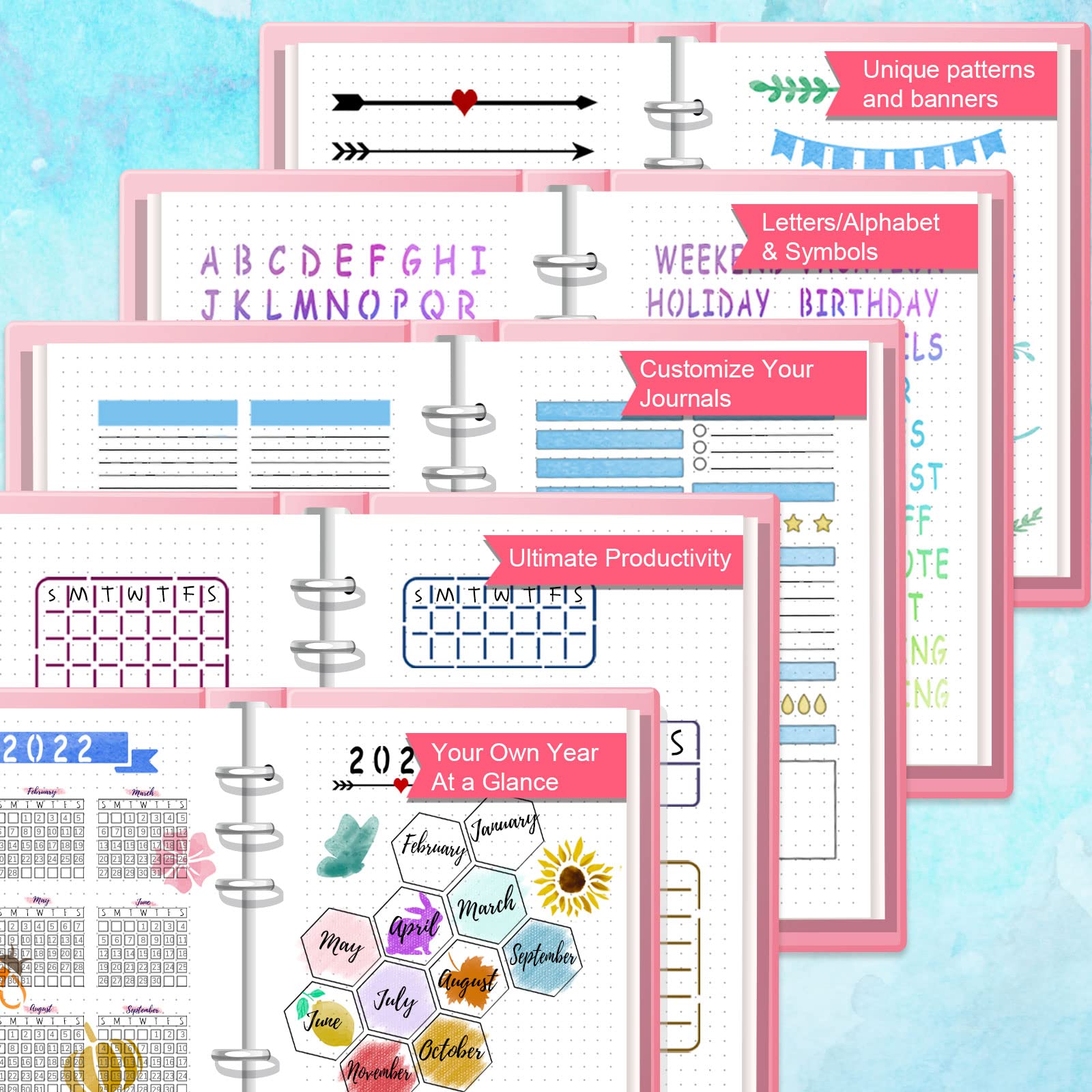 ALODNY 16 Pcs Journal Stencils Set - Time Saving Bullet Journaling Supplies/Accessories Kit -Ultimate Productivity Planner Stencil for Bullet Journal Stencils A5 Dotted Journals
