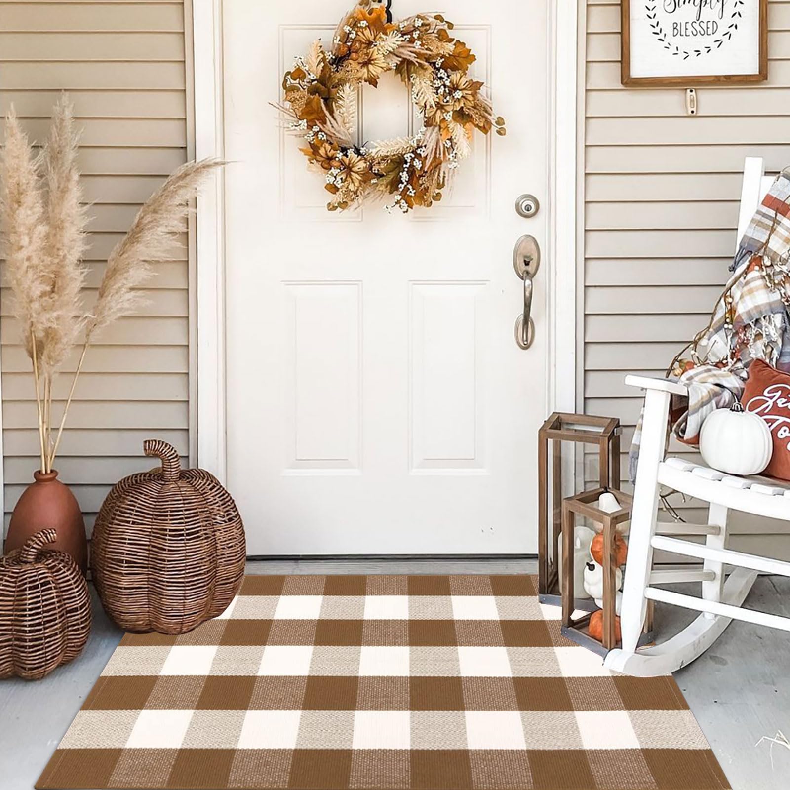 Buffalo Plaid Outdoor Rugs, 2'4" x 3'7" Brown and White Checkered Indoor/Outdoor Area Rug, Layering Rug for Hello/Welcome Door Mat, Washable Cotton Woven Farmhouse Mat for Fall Front Porch Décor