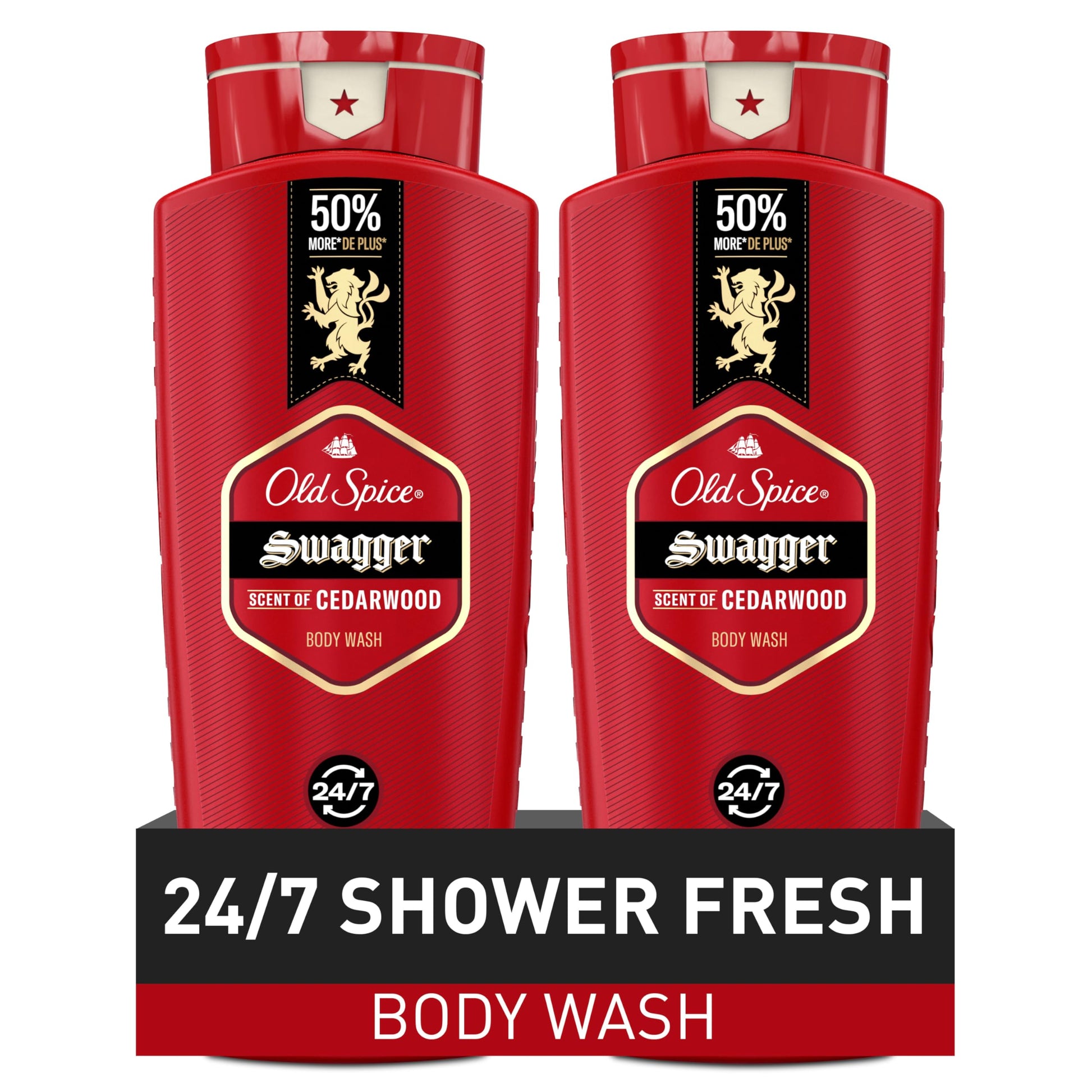 Old Spice Refreshing Body Wash for Men, 3X Defense, 24/7 Shower Fresh with Long Lasting Scent, Red Collection, Swagger with Cedarwood Scent, 24 oz (Pack of 2)