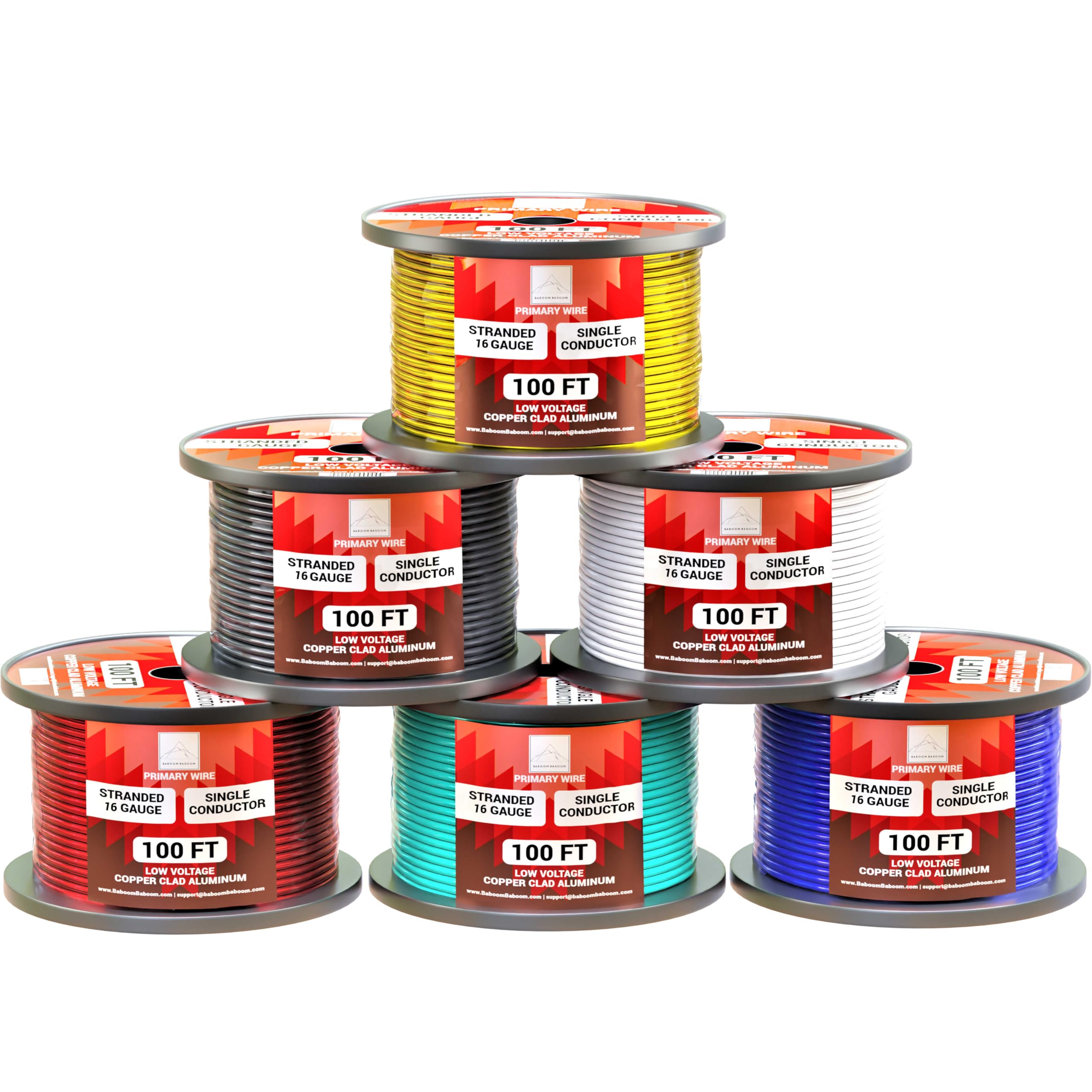 16 Gauge Wire Combo 6 Pack (600ft Total) 100ft Per Roll, 12V Low Voltage Automotive and Electrical Cable, Copper Clad Aluminum (CCA)