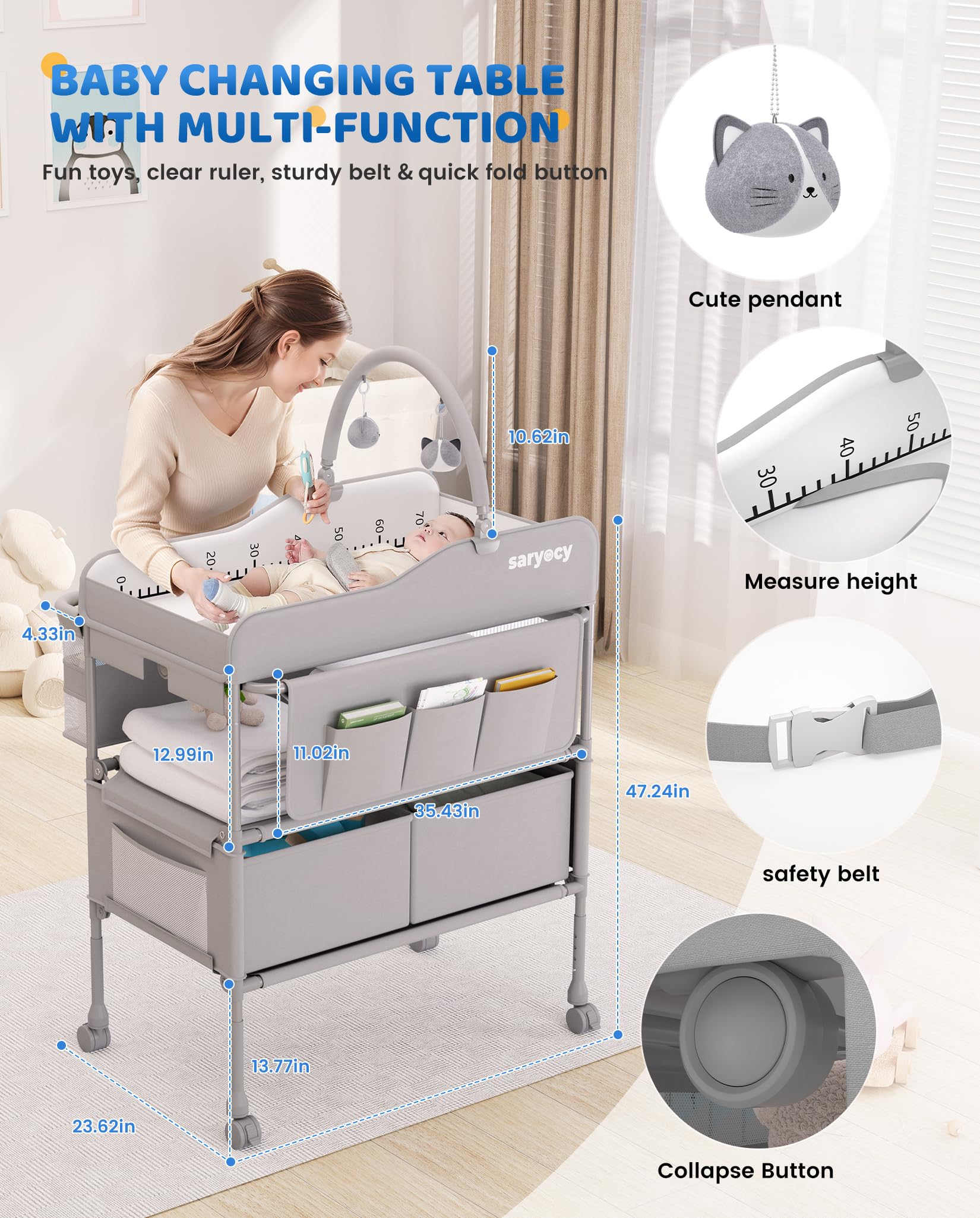 Saryocy Baby Changing Table, Versatile Folding Changing Table, Waterproof Diaper Changing Station, Adjustable Height with 2 Drawers,Baby Changing Station, Mobile Nursery for Infant and Newborn
