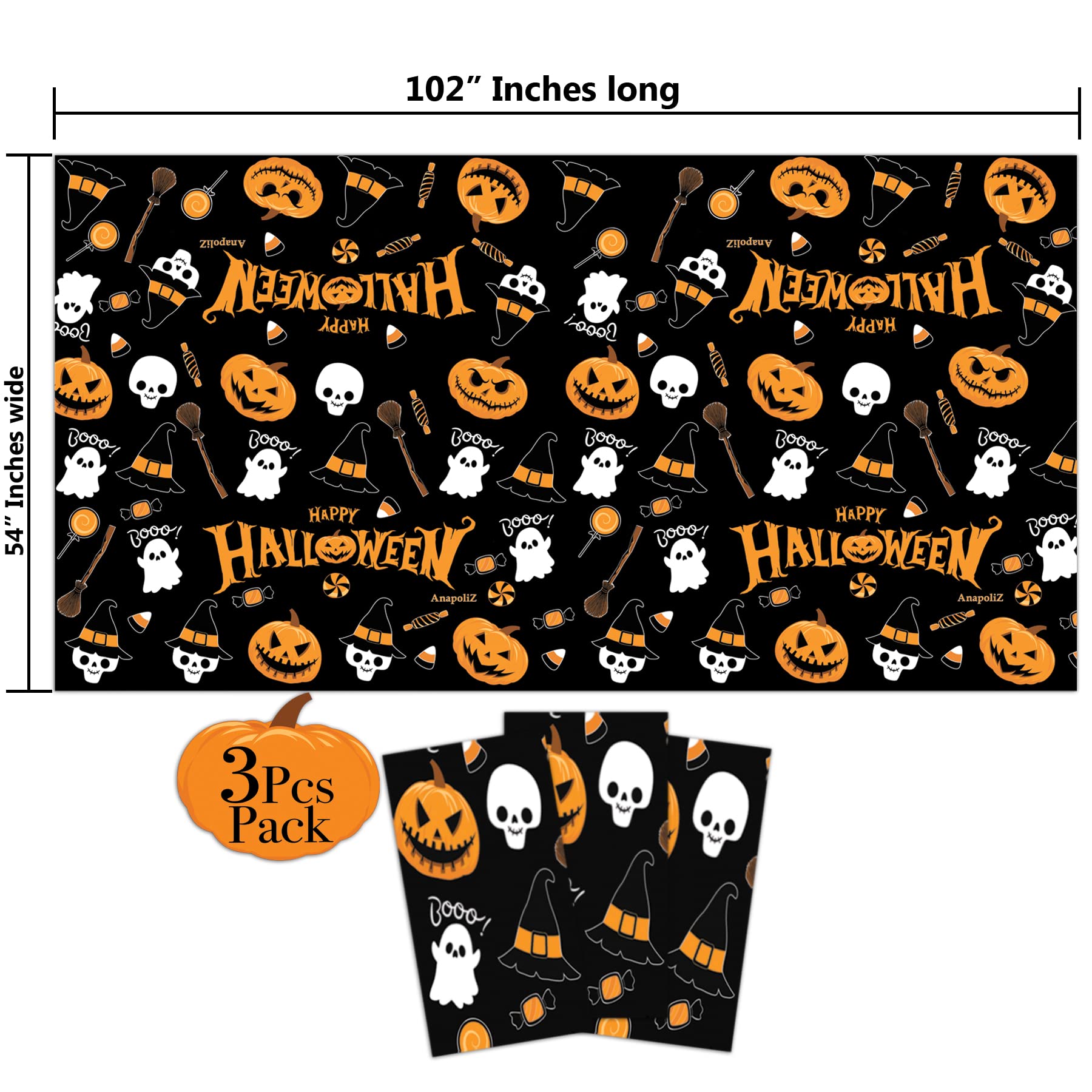 AnapoliZ Halloween Plastic Tablecloth | 3 Pcs Pack (54” Inch Wide x 102” Inch Long) | Halloween Rectangular Table Cover | Pumpkin, Witches Table Decoration | Halloween Party Decorations Tablecover