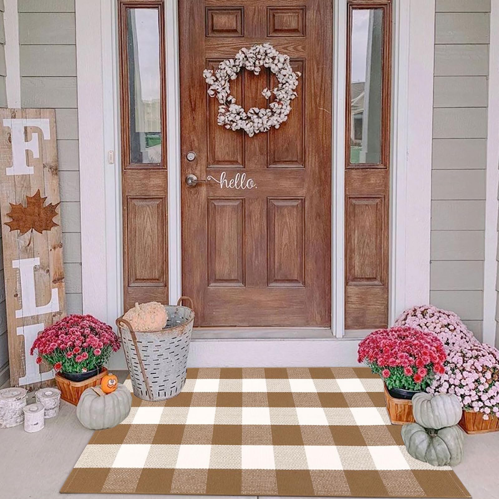 Buffalo Plaid Outdoor Rugs, 2'4" x 3'7" Brown and White Checkered Indoor/Outdoor Area Rug, Layering Rug for Hello/Welcome Door Mat, Washable Cotton Woven Farmhouse Mat for Fall Front Porch Décor
