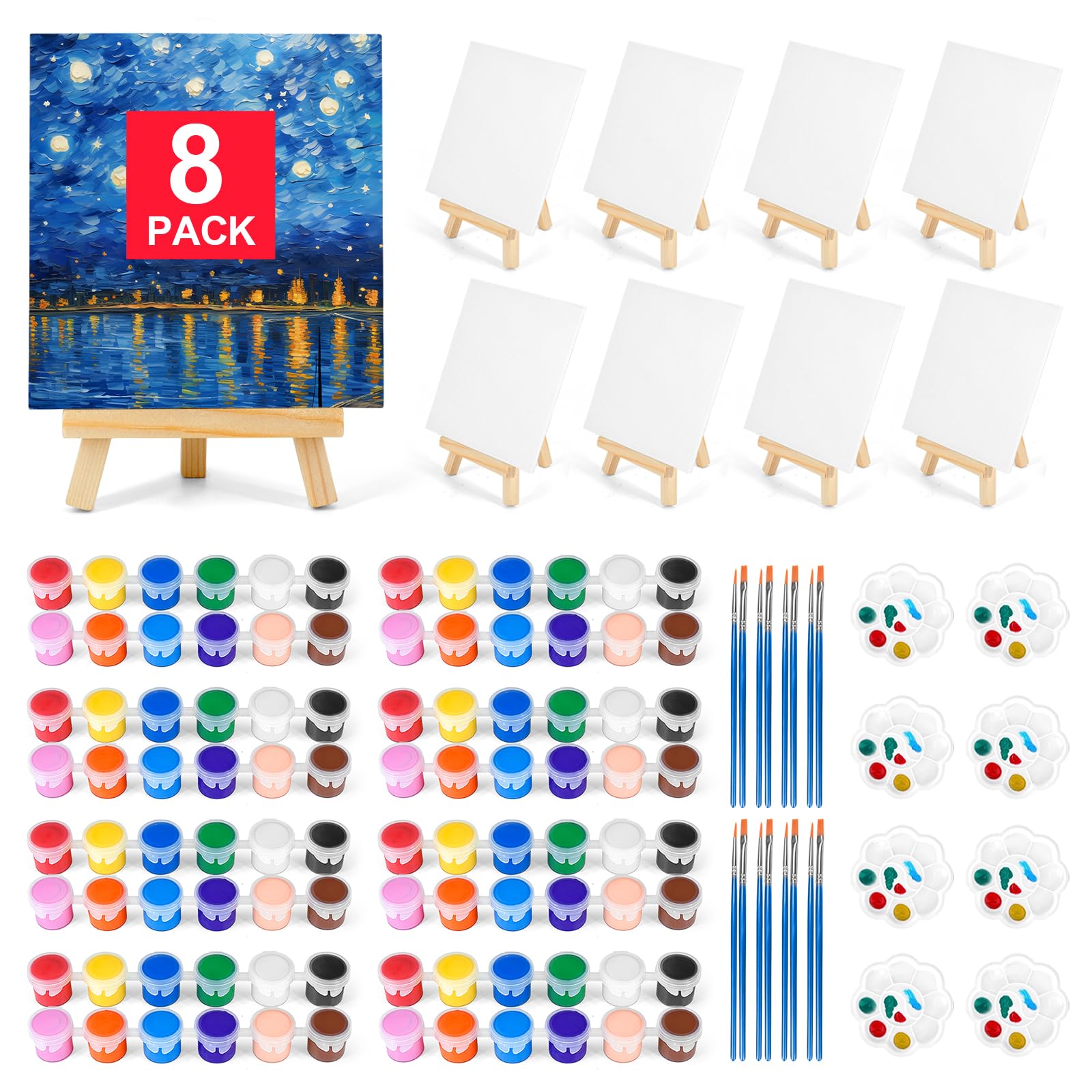 8 Pack 8 * 10In Canvas Boards for Painting, Art Canvas for Drawing with 16 Brushes & 8 Paint Trays & 16 Acrylic Paint, Mini Painting Canvas with Easel Set, Painting Kits for Adults & Kids Party