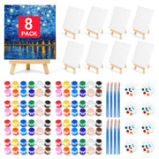 8 Pack 8 * 10In Canvas Boards for Painting, Art Canvas for Drawing with 16 Brushes & 8 Paint Trays & 16 Acrylic Paint, Mini Painting Canvas with Easel Set, Painting Kits for Adults & Kids Party