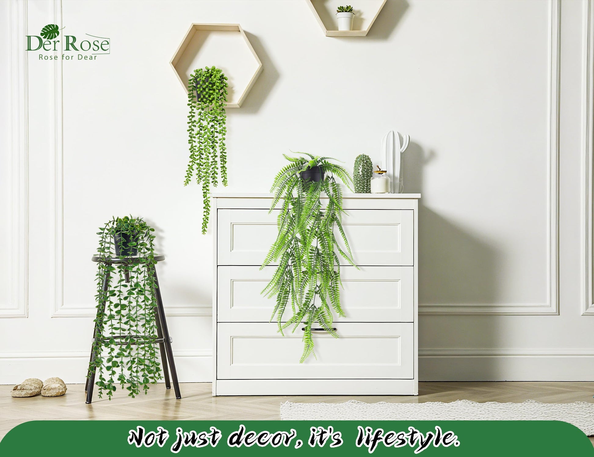 Der Rose 4Pcs Fake Plants Hanging Artificial Ivy Vine Faux Eucalyptus Hanging Plants, Boston Fern, String of Pearls for Living Room Bedroom Boho Wall Shelf Indoor Outdoor Decor