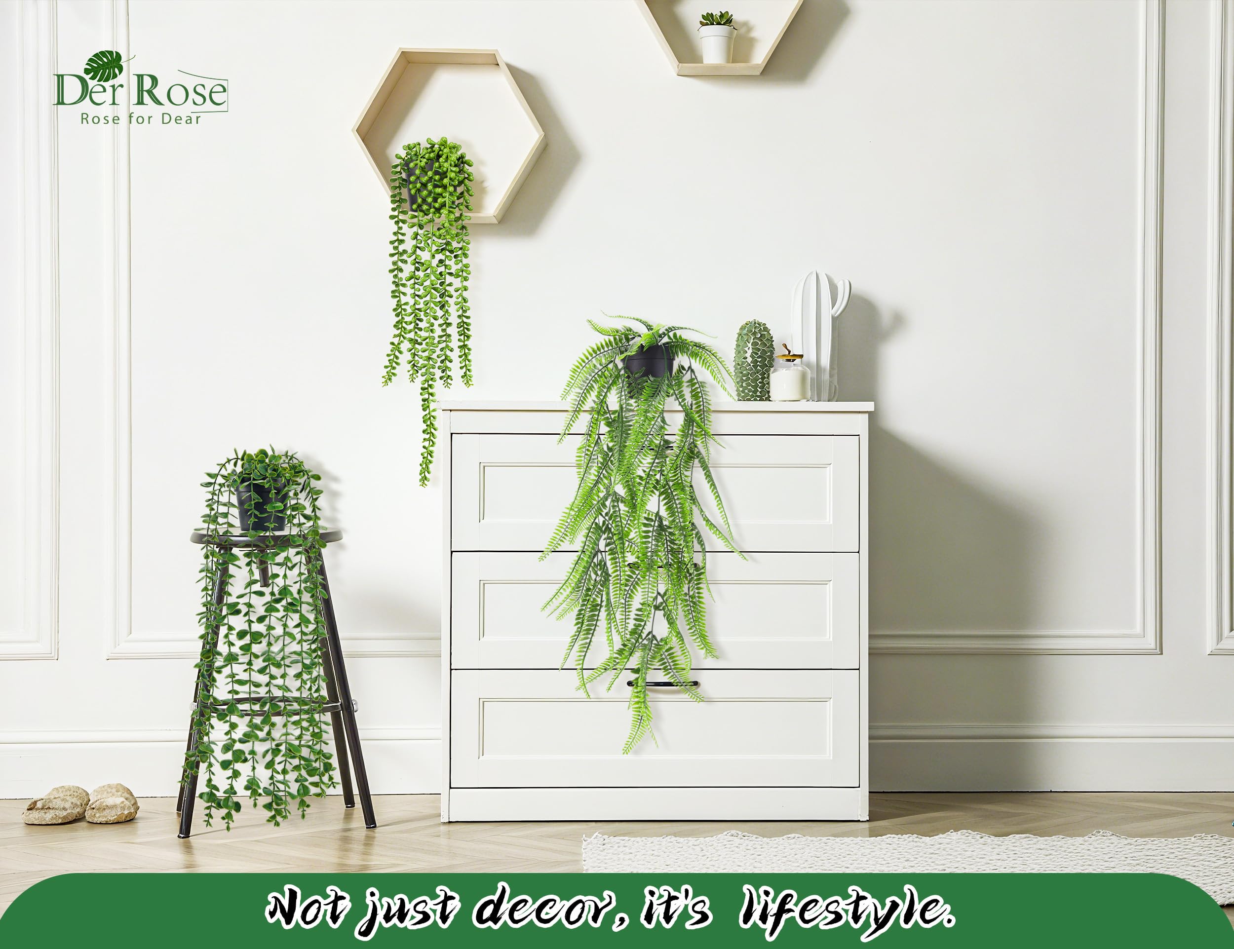 Der Rose 4Pcs Fake Plants Hanging Artificial Ivy Vine Faux Eucalyptus Hanging Plants, Boston Fern, String of Pearls for Living Room Bedroom Boho Wall Shelf Indoor Outdoor Decor