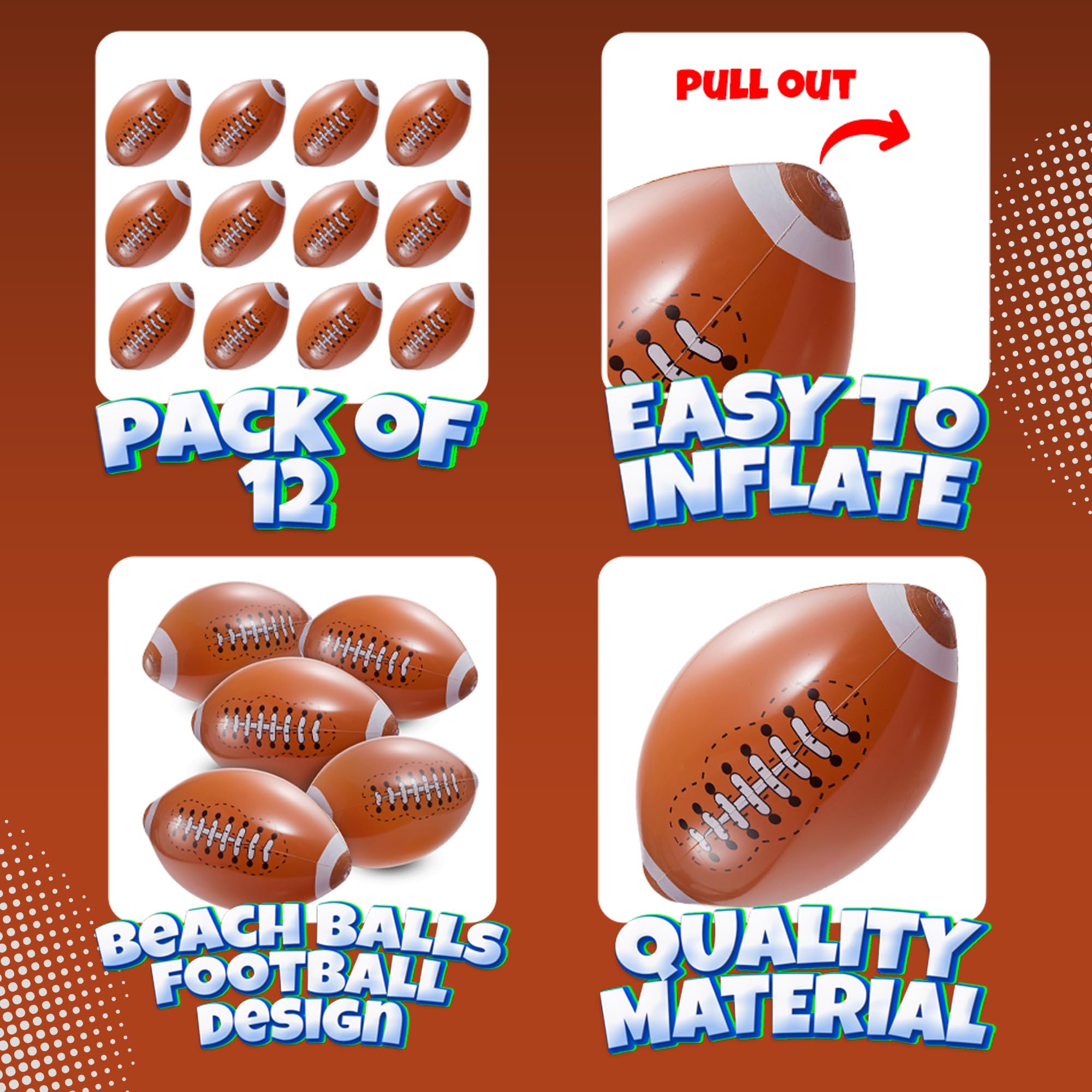 12-Pack 16" Inflatable Footballs for Football Party Decorations & Party Favors – Blow-Up Sports-Themed Beach Balls for Game Day & Birthday Supplies, Goodie Bag Stuffers