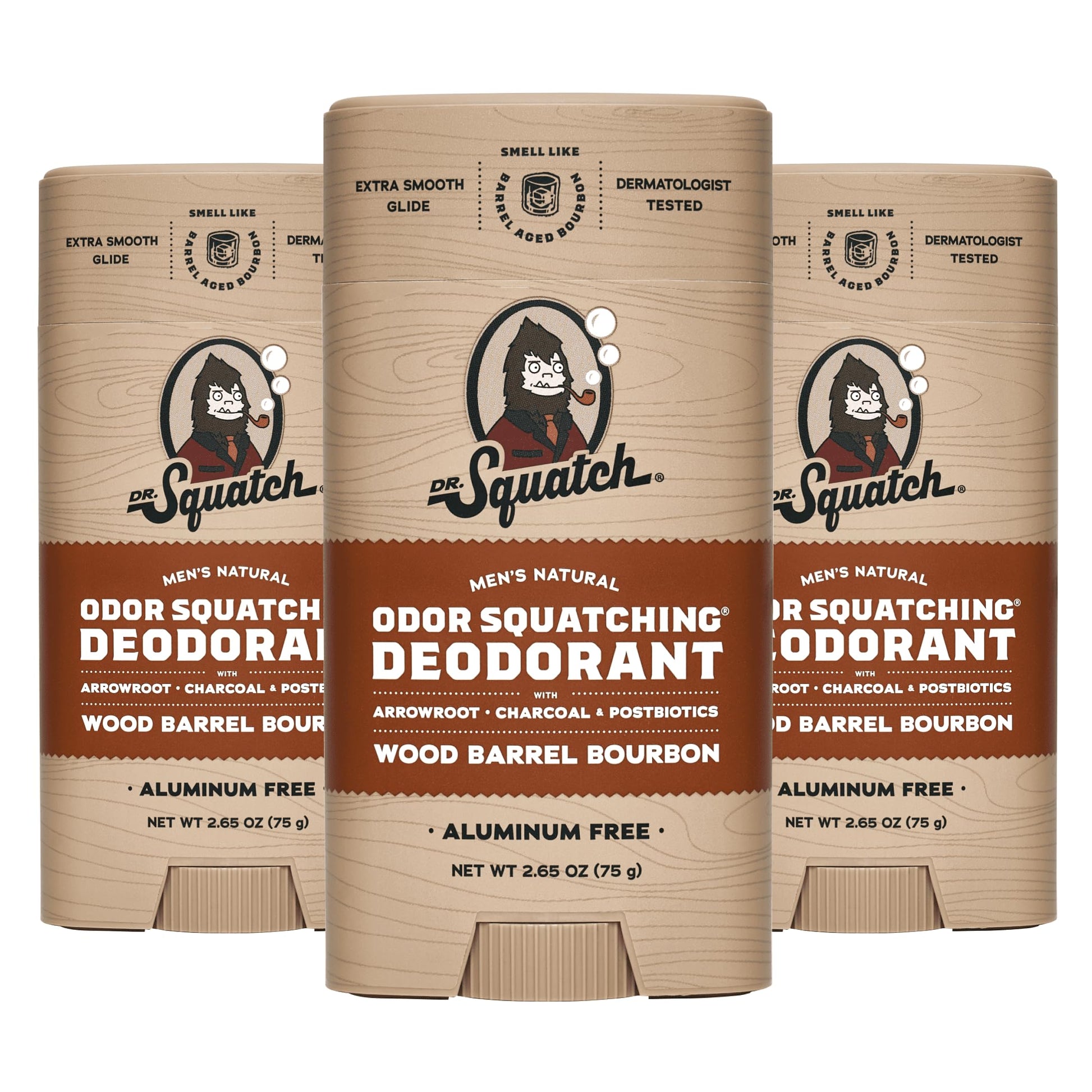 Dr. Squatch Natural Deodorant for Men 3 Pack Wood Barrel Bourbon Ã¢ÂÂ Odor-Squatching Men's Deodorant Aluminum Free (2.65 oz, 3 Pack)