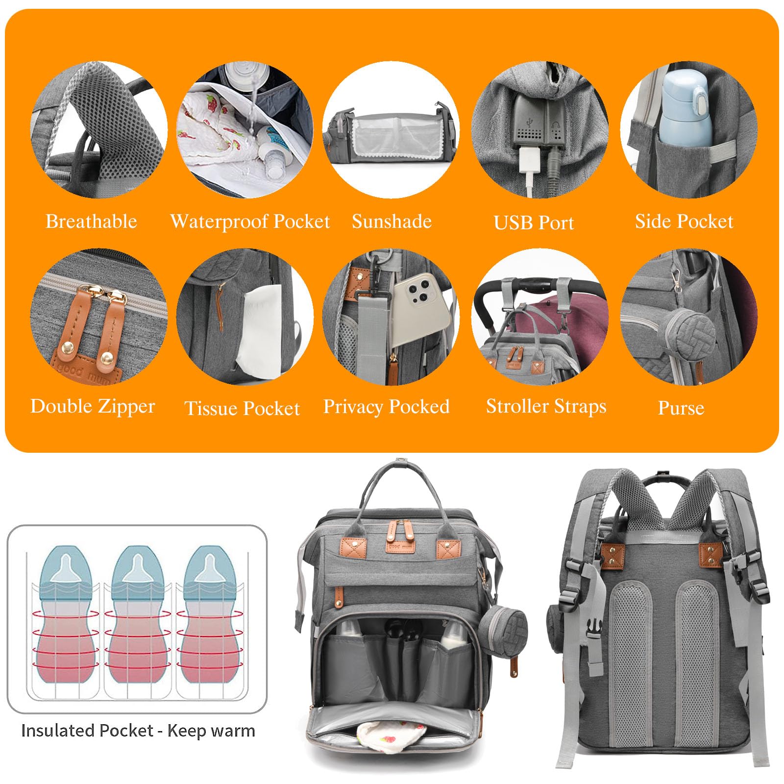 Astro alan Baby Diaper Bags with Changing Station, Waterproof Diaper Bag Backpack for Moms Dads with USB Charging Port, Baby Shower Gifts, Large Capacity diaper backpack, Grey