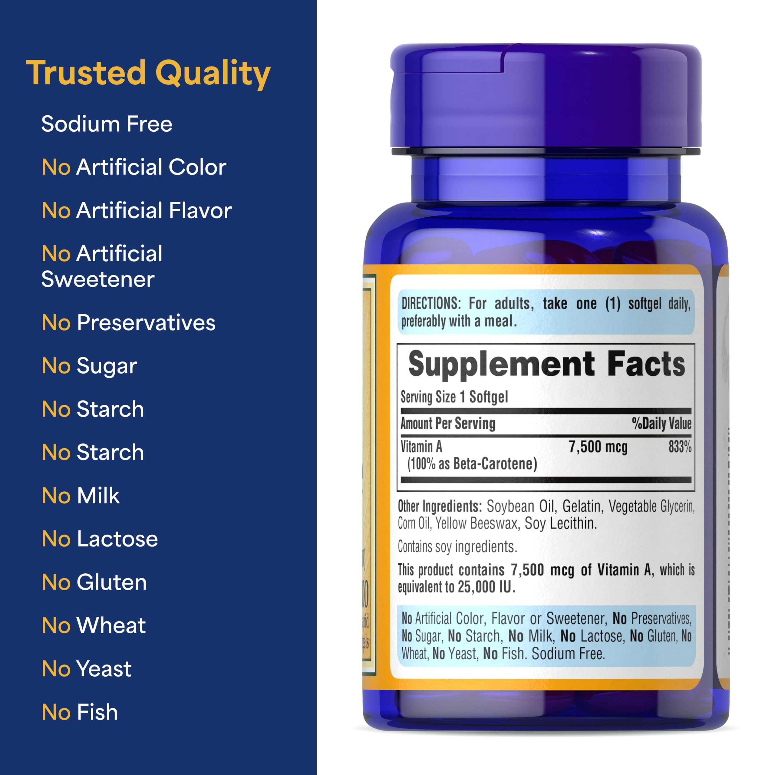 Puritan's Pride Beta Carotene Provitamin A 7,500mcg (25,000 IU), Vitamin Supplement for Immune System, Antioxidant and Eye Health Support, 100 Day Supply, 100 Rapid Release Softgels